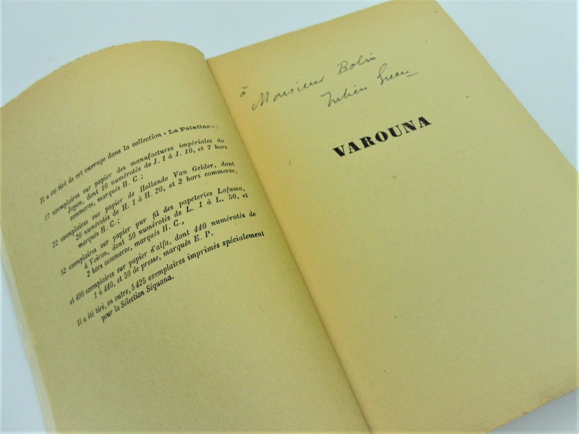 Null 朱利安-格林（1900-1998，美国作家）/《瓦鲁纳》，附亲笔签名信，Plon，1940年，EO，平装本，279页，8英寸