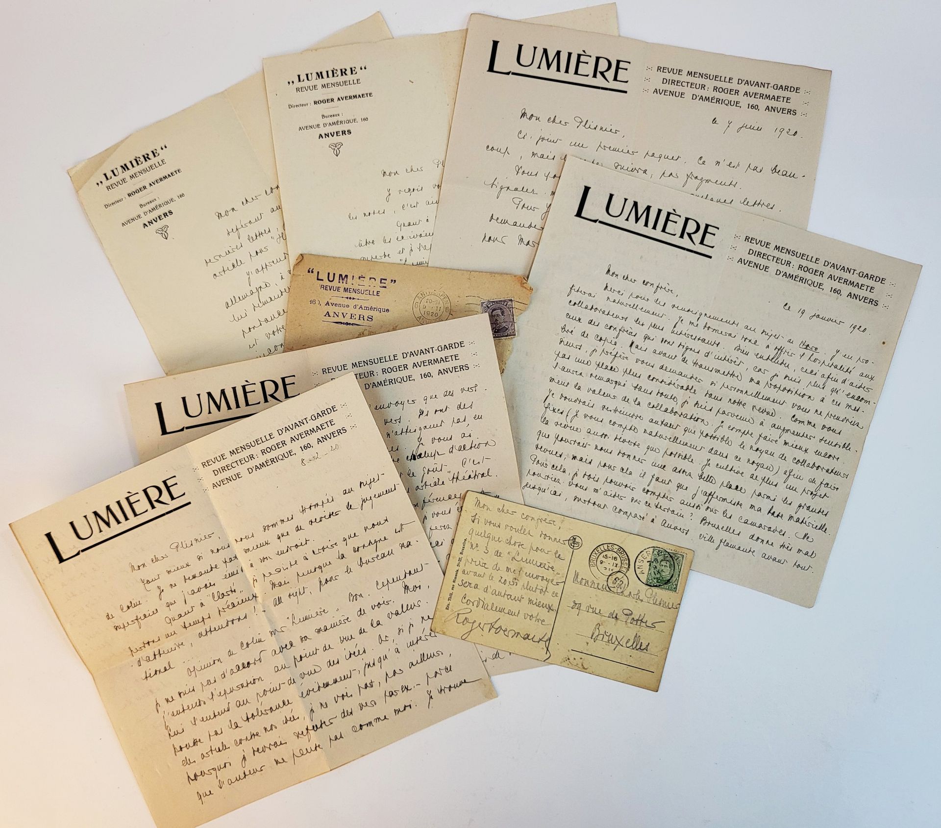 Null "LUMIERE"（20世纪20年代的比利时先锋派评论）--罗杰-阿弗麦特（1893-1988）/创始人罗杰-阿弗麦特的21封签名信和1封签名信（共3&hellip;