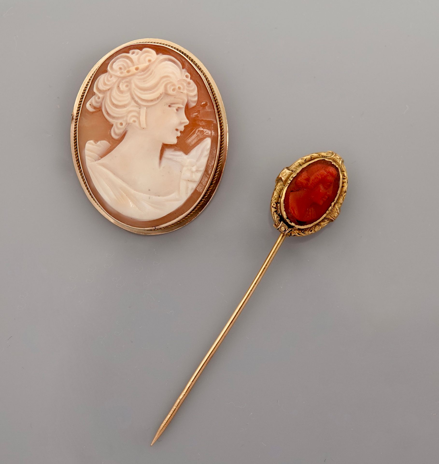 Null Gold pin 750MM decorated with a cameo on coral around 1900 and yellow gold &hellip;