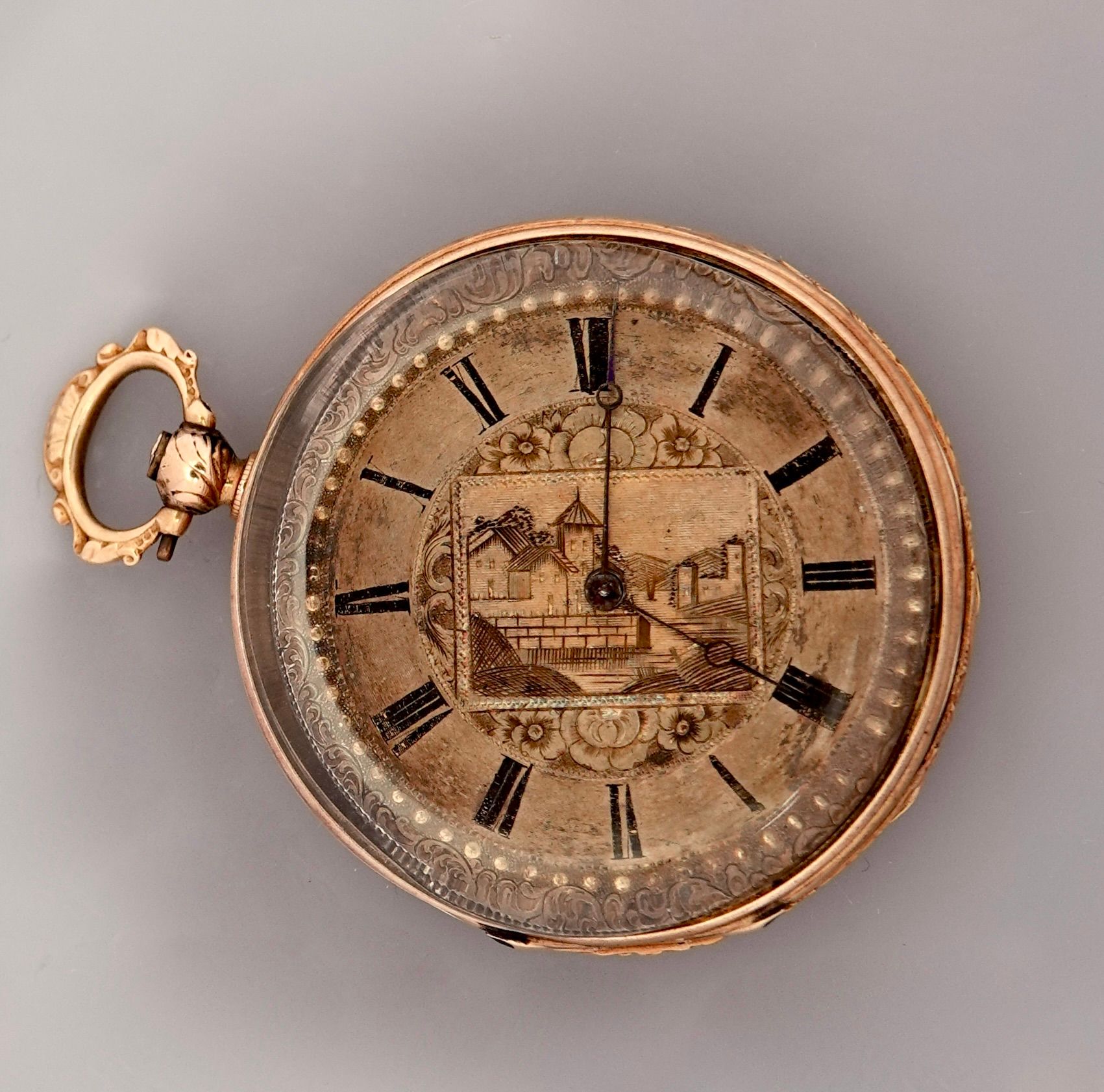 Null Orologio da tasca in oro giallo, 750 MM, base in oro con paesaggio montano &hellip;