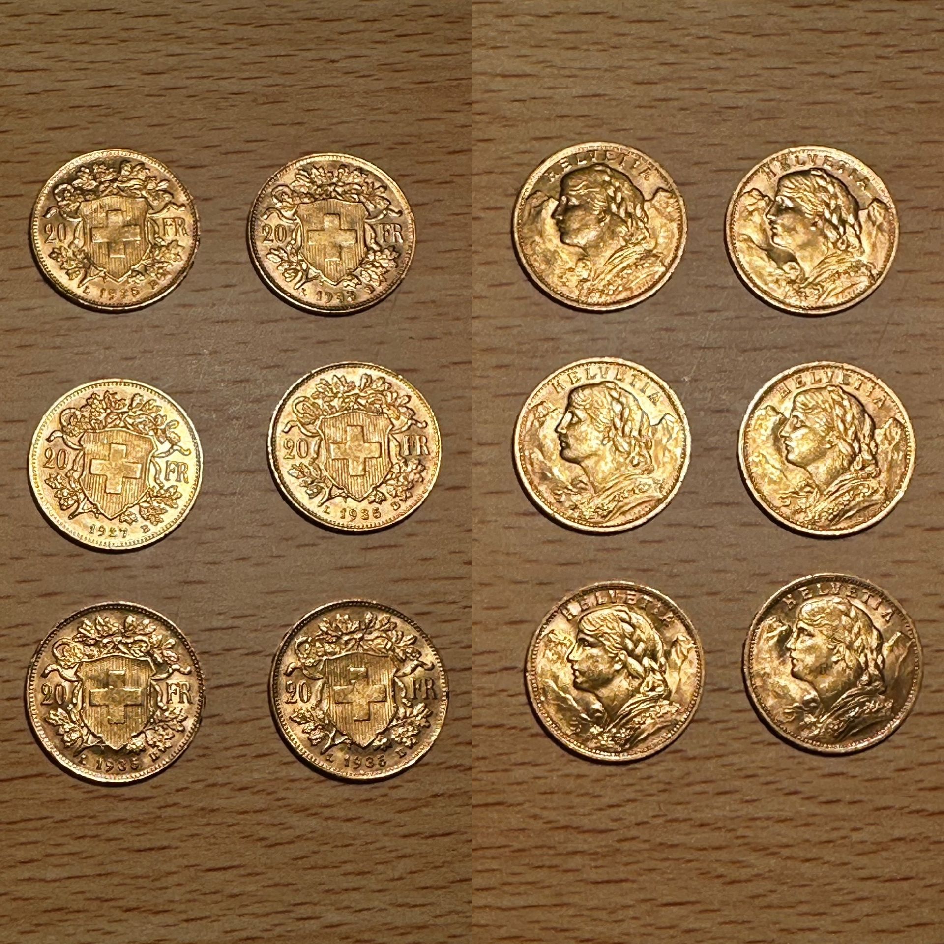 Null 
6 pièces de 20 francs suisses or dont 1935 ( x 5) et 1927 (x1)

Poids 38,7&hellip;