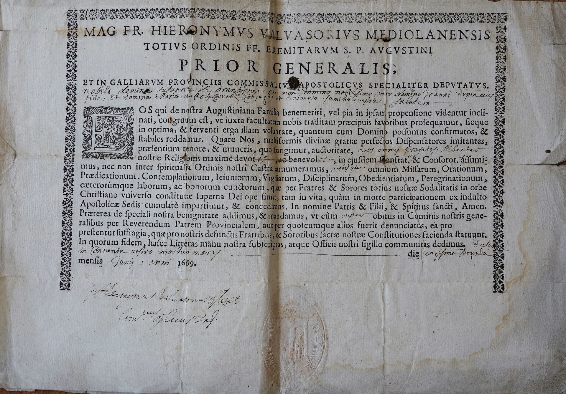 Null 让-杜平的文凭，1669年 
圣奥古斯丁骑士团。 
褪色和小缺陷。 
专家让-弗朗索瓦-贝蒂斯 - jfbetis@yahoo.Fr