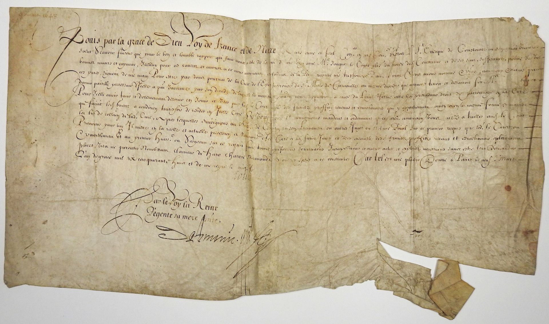 Null MANCHE. 1648. CHURCH OF ST MALO DE CARNEVILLE. Parchment signed by King LOU&hellip;