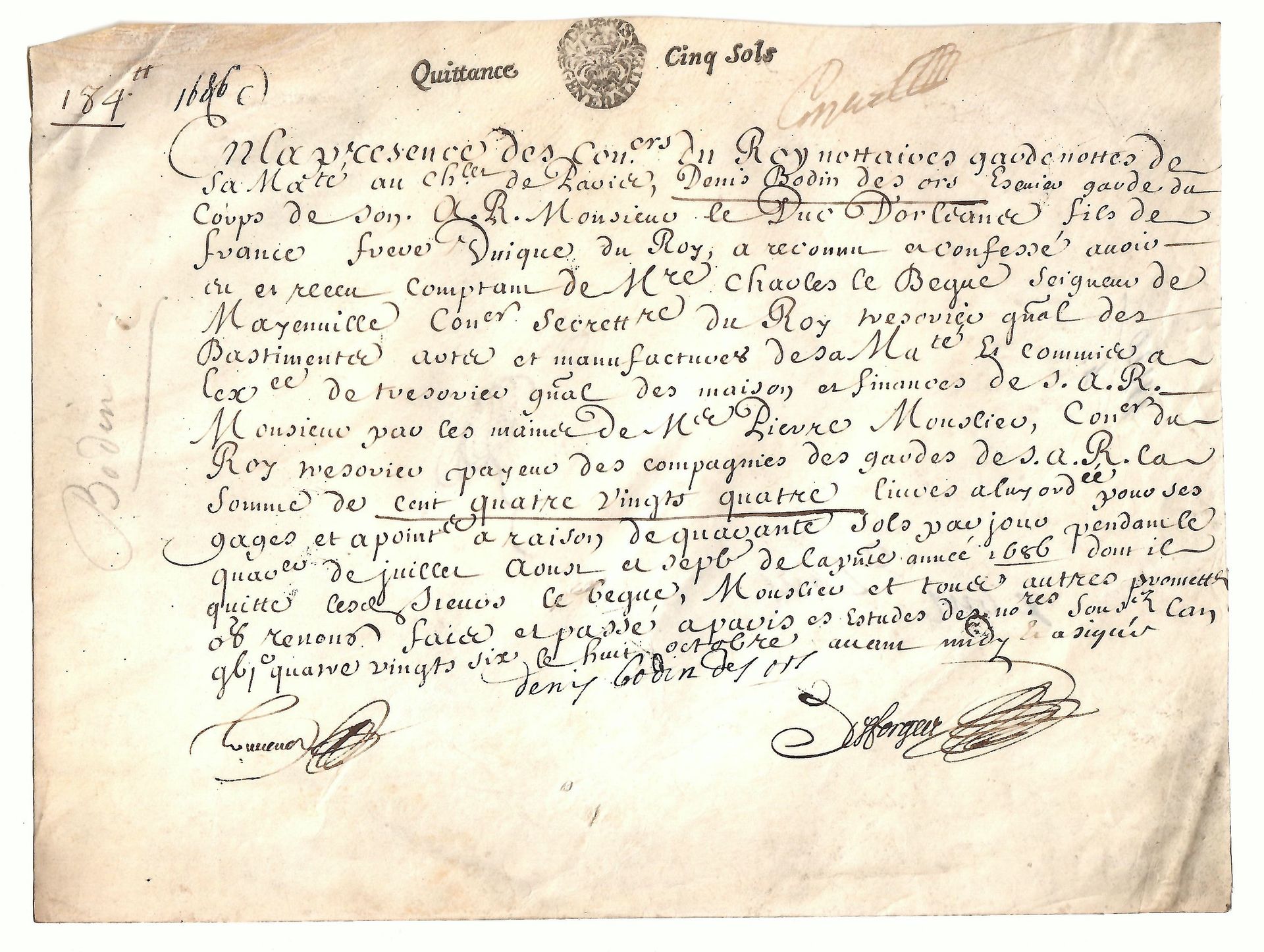 Null 巴黎1686年。丹尼斯-博丹-德-奥斯，侍从，奥尔良公爵殿下的保镖，法国之子，国王的唯一兄弟。1686年10月8日在巴黎签署的收据，用于支付其工资。牛&hellip;