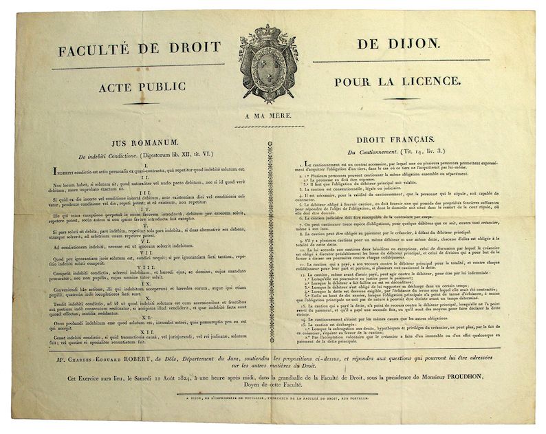 Null CÔTE-D'OR. 1824. FACULTAD DE DERECHO DE DIJON. Acto Público para la Licenci&hellip;