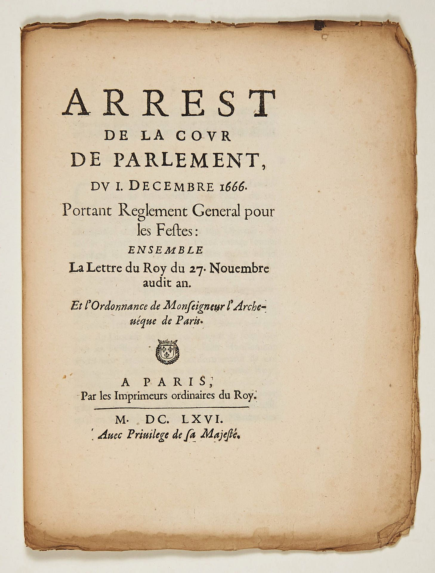 Null LAS FIESTAS DE LA DIÓCESIS DE PARÍS. 1666. "Arrest de la Cour de Parlement,&hellip;
