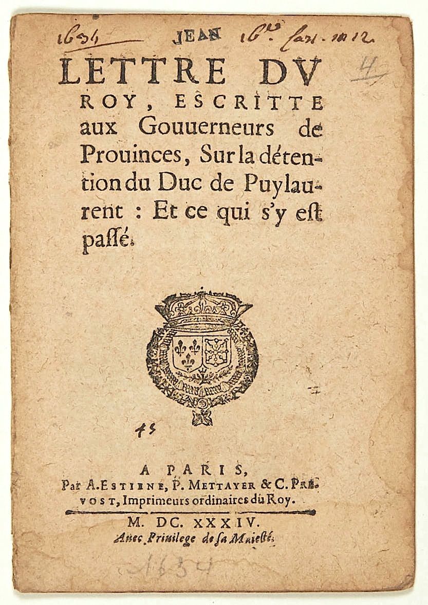 Null DUQUE DE PUYLAURENS. 1634. "CARTA DEL REY (LOUIS XIII), escrita a los Gober&hellip;