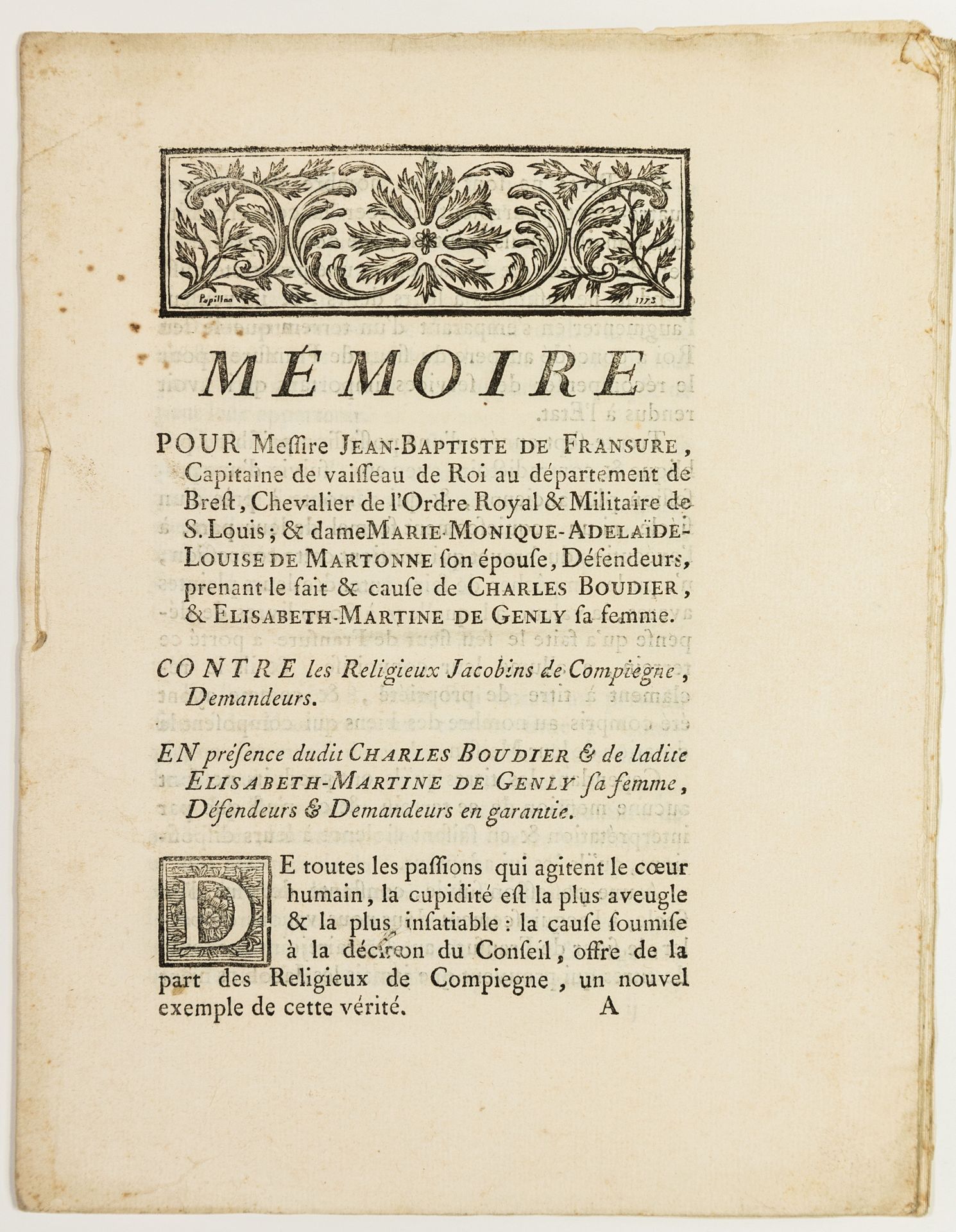 Null OISE. COMPIÈGNE (60). "Memoire (de procès) pour Messire Jean-Baptiste De FR&hellip;