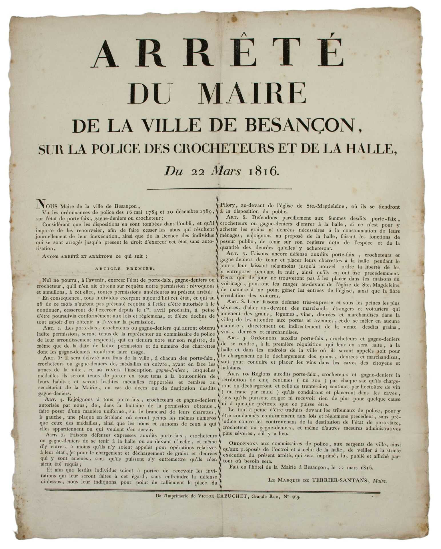 Null DOUBS. Decree of the Marquis de TERRIER-SANTANS, Mayor of the City of BESAN&hellip;