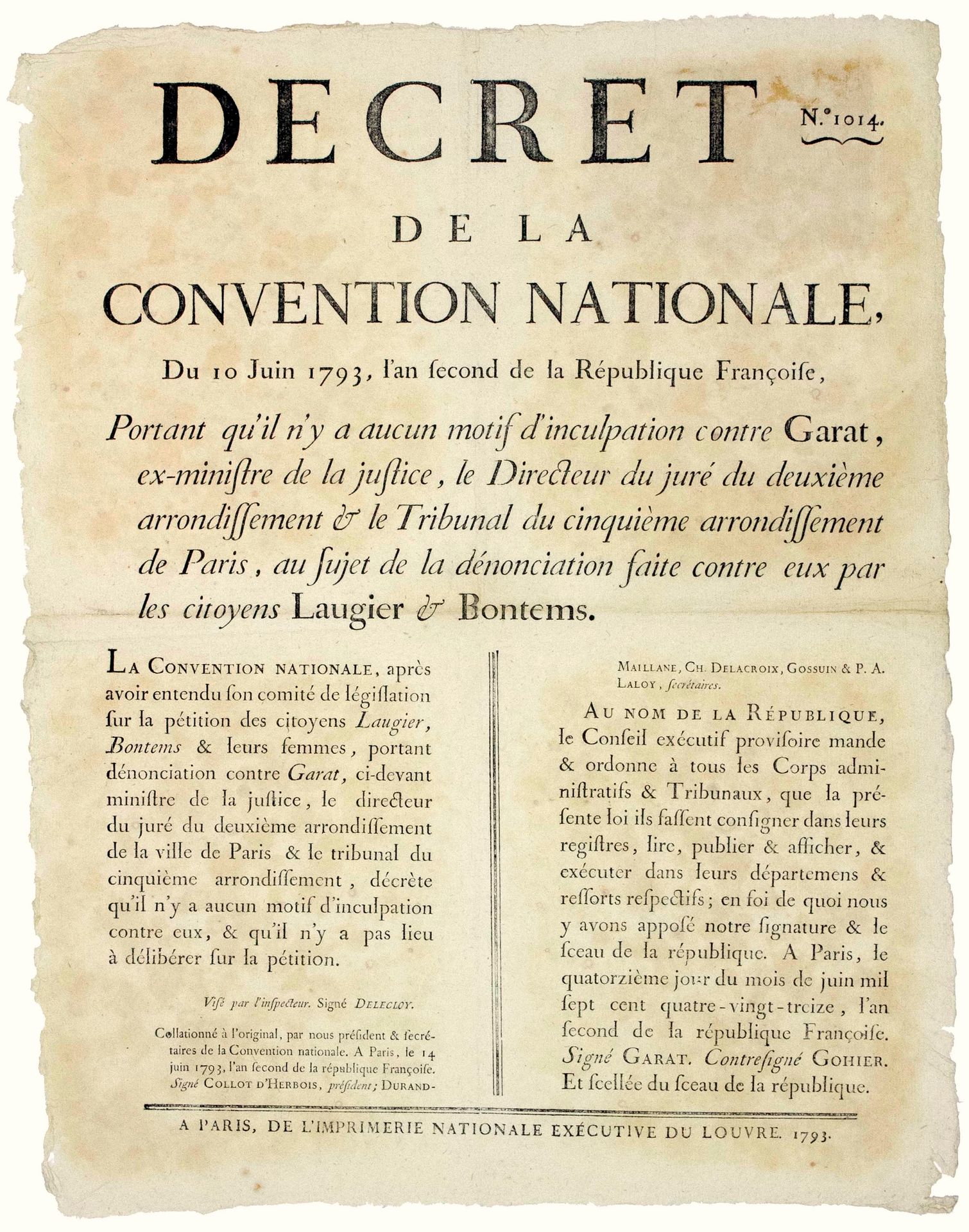 Null ACCUSATION DE GARAT Ex-Ministre de la Justice. 1793. Décret de la Conventio&hellip;