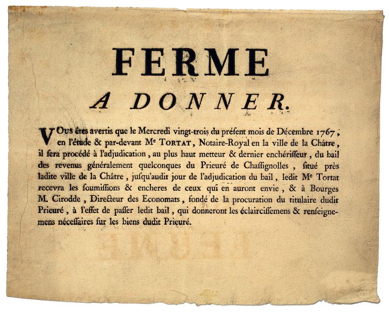 Null (INDRE) LA CHÂTRE. 1767. PRIORAT VON CHASSIGNOLLES. "FERME À DONNER." "Vous&hellip;