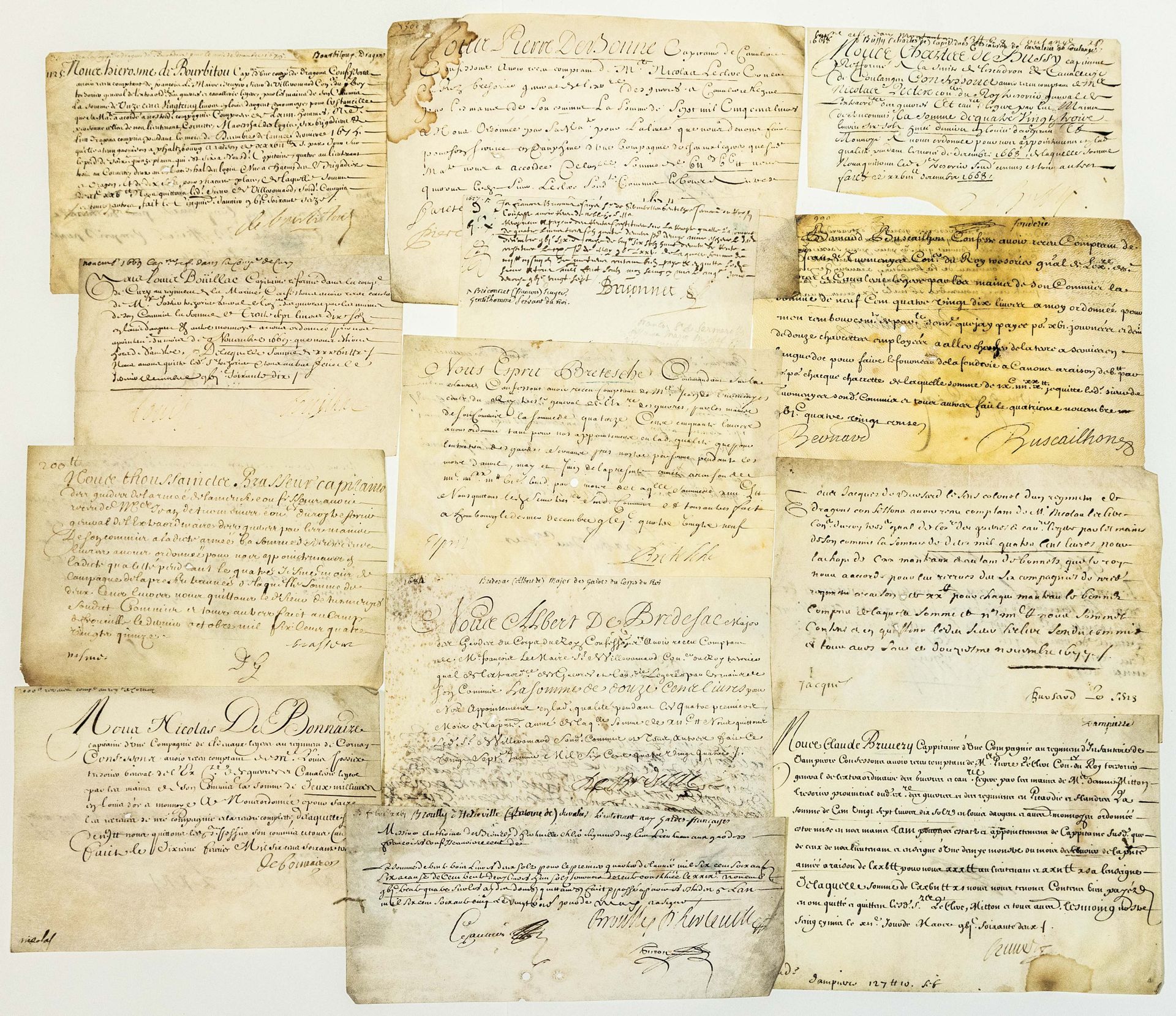 Null REGIMENTS OF LOUIS XIV. 13 Quittances in-8°, on vellum, signed by Officers &hellip;