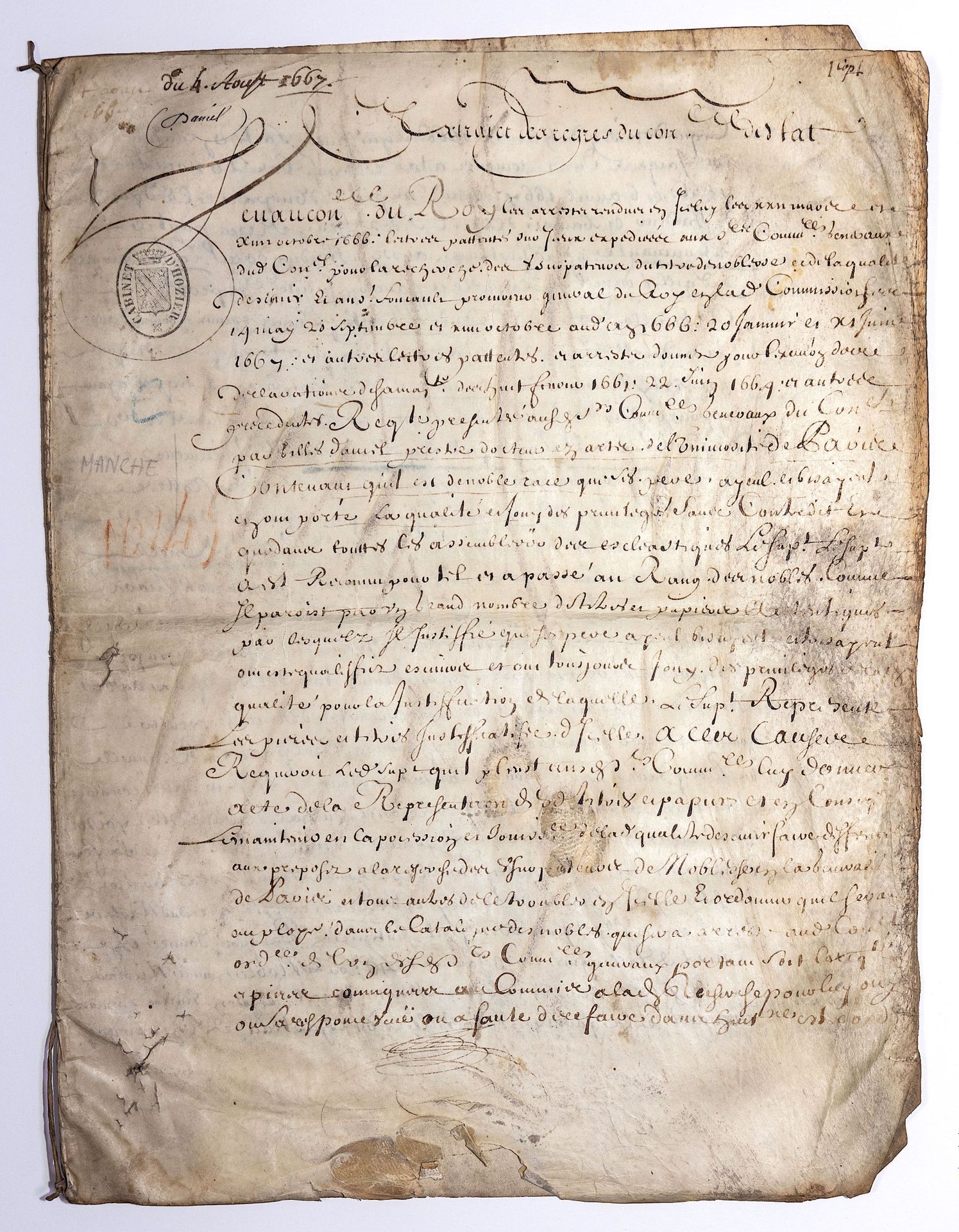 Null MANCHE.1667年8月4日国务会议记录摘录，关于篡夺贵族称号的研究。国王在他的会议上维持了吉勒和弗朗索瓦-丹塞尔兄弟的贵族身份，他们是圣让中尉。&hellip;