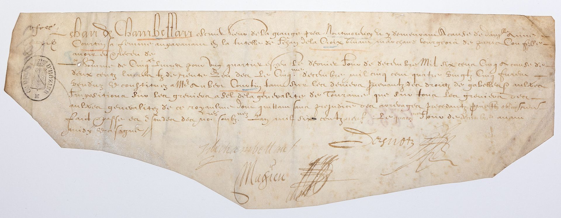 Null VAL D'OISE 1609. Documento firmato Jehan de CHAMBELLANT Écuyer, signore del&hellip;