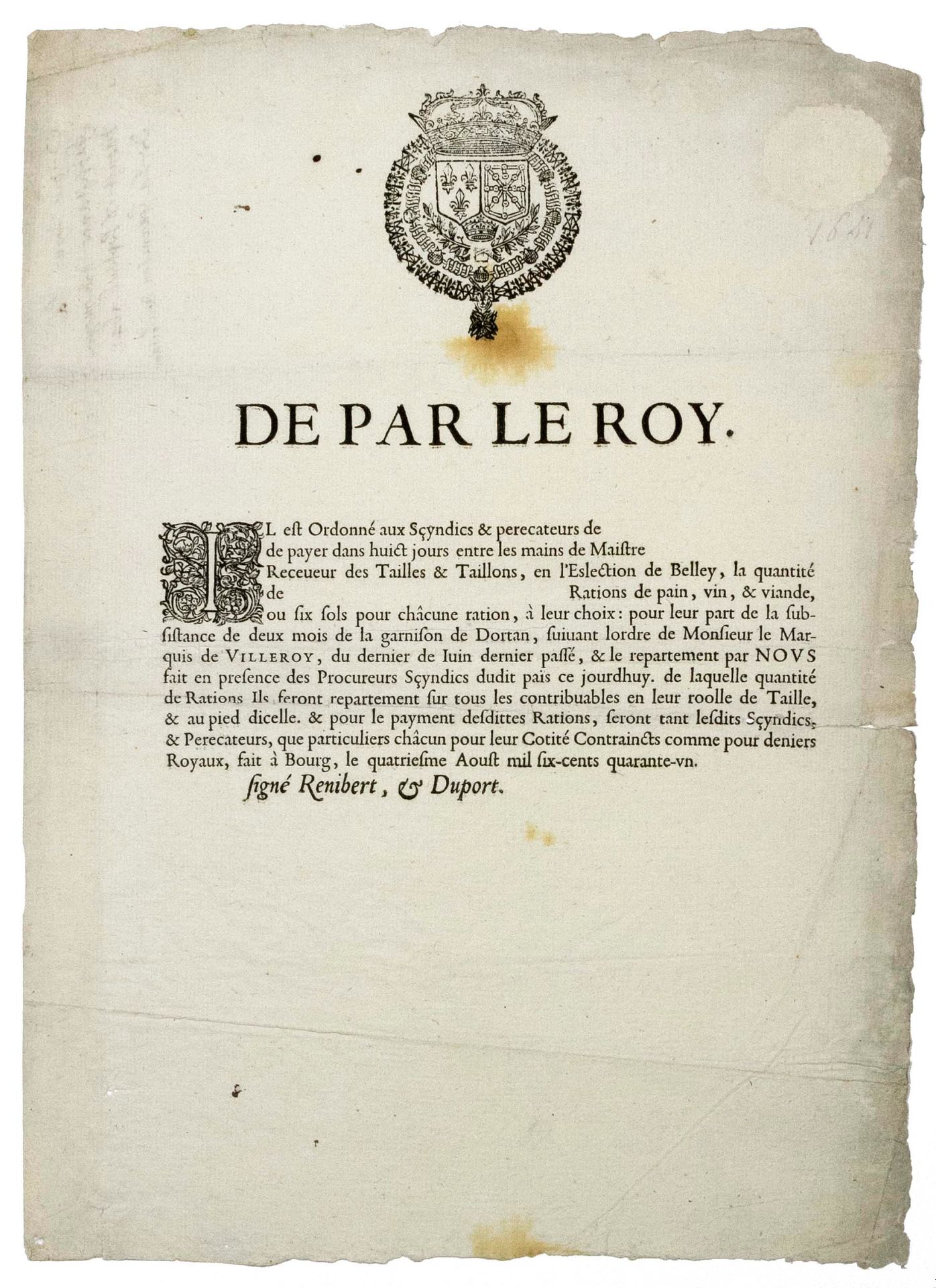Null BELLEY (Ain) 1641. De por el Rey LOUIS XIII, Se ordena pagar en 8 días entr&hellip;