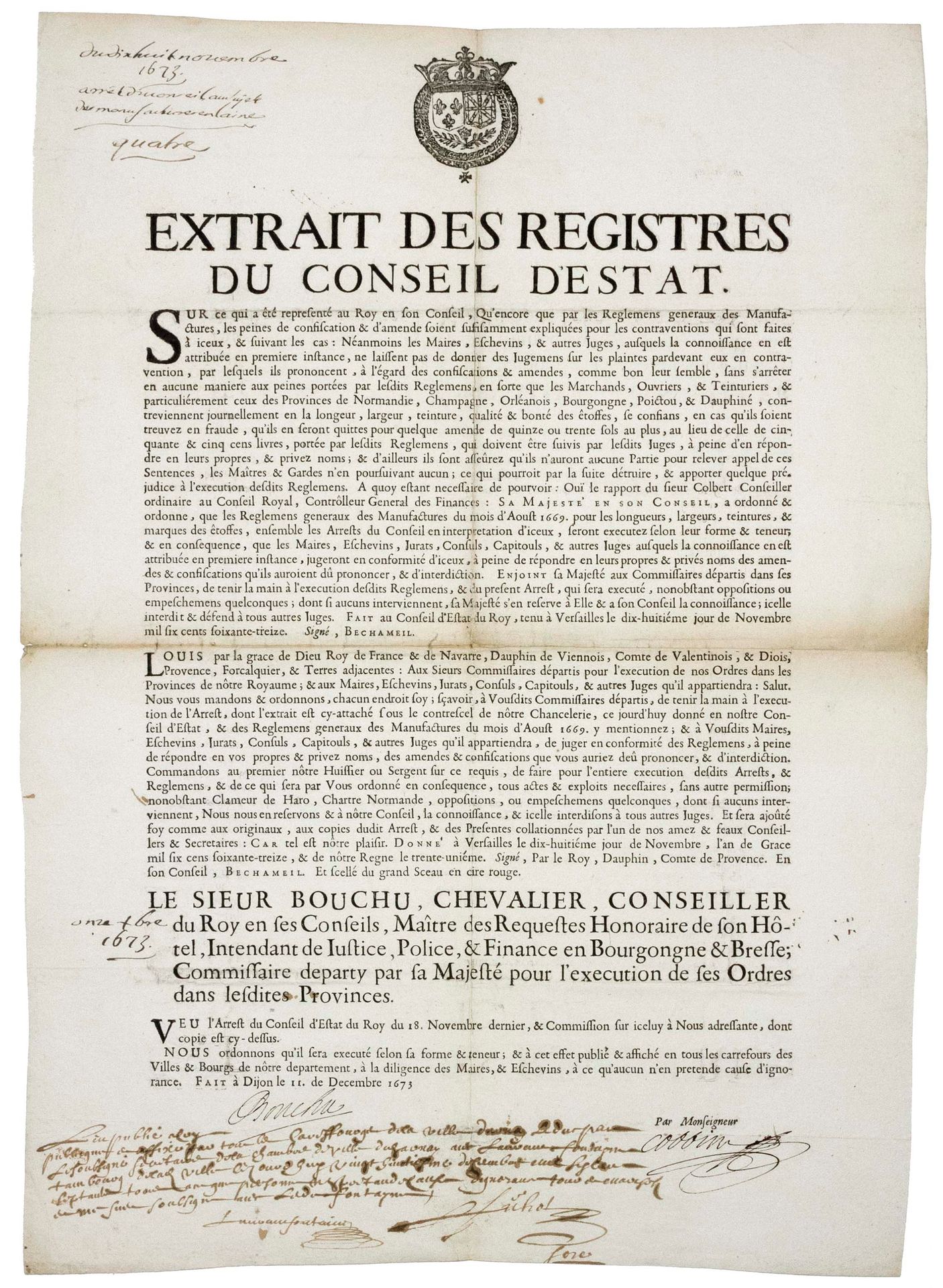 Null BOURGOGNE BRESSE. 1673. MANUFACTURE des ÉTOFFES. FRAUDE - Extrait des Regis&hellip;