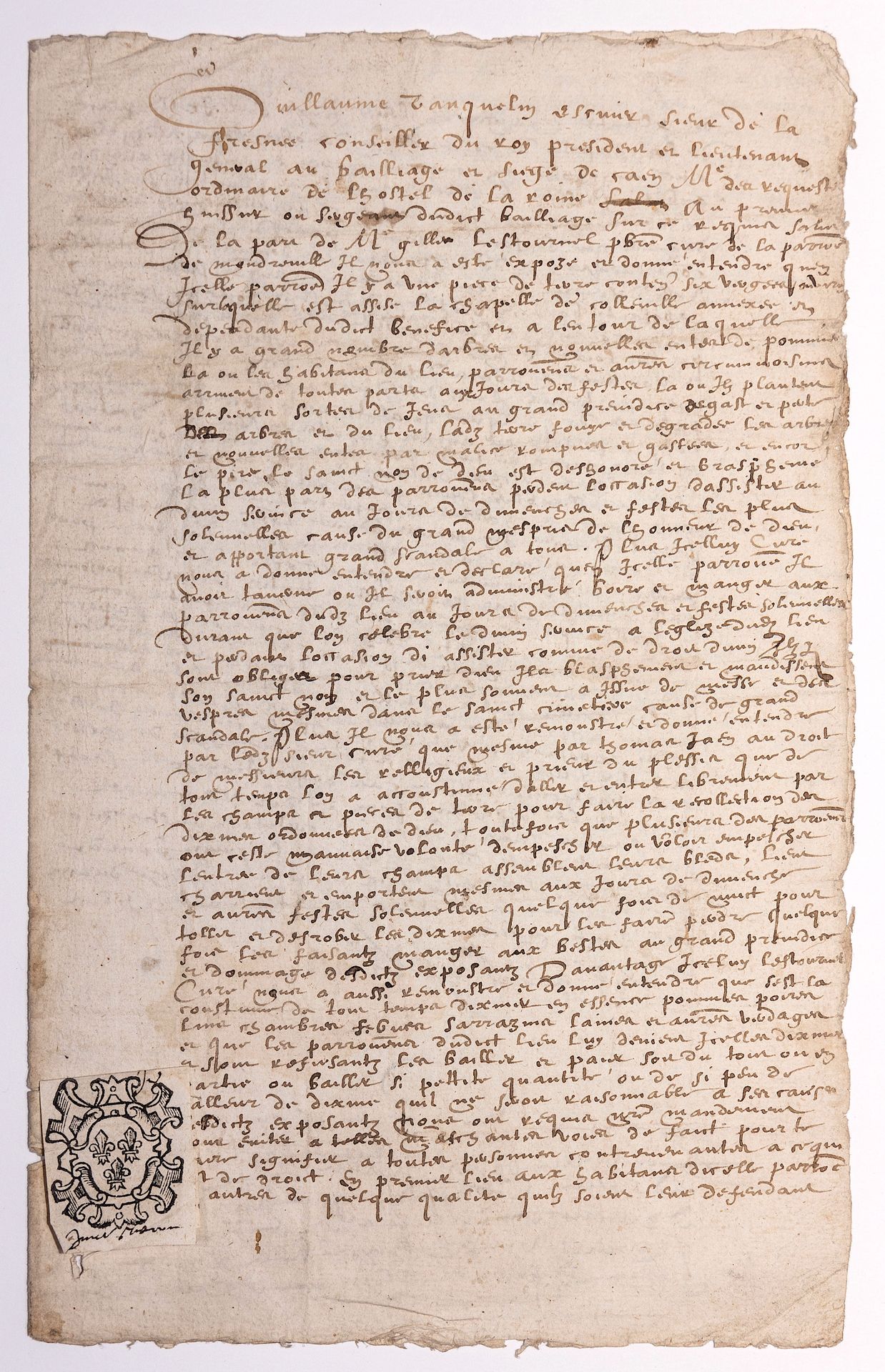 Null CALVADOS. 1623. Manuscrito firmado Guillaume VAUQUELIN 
Escuyer Sieur de la&hellip;