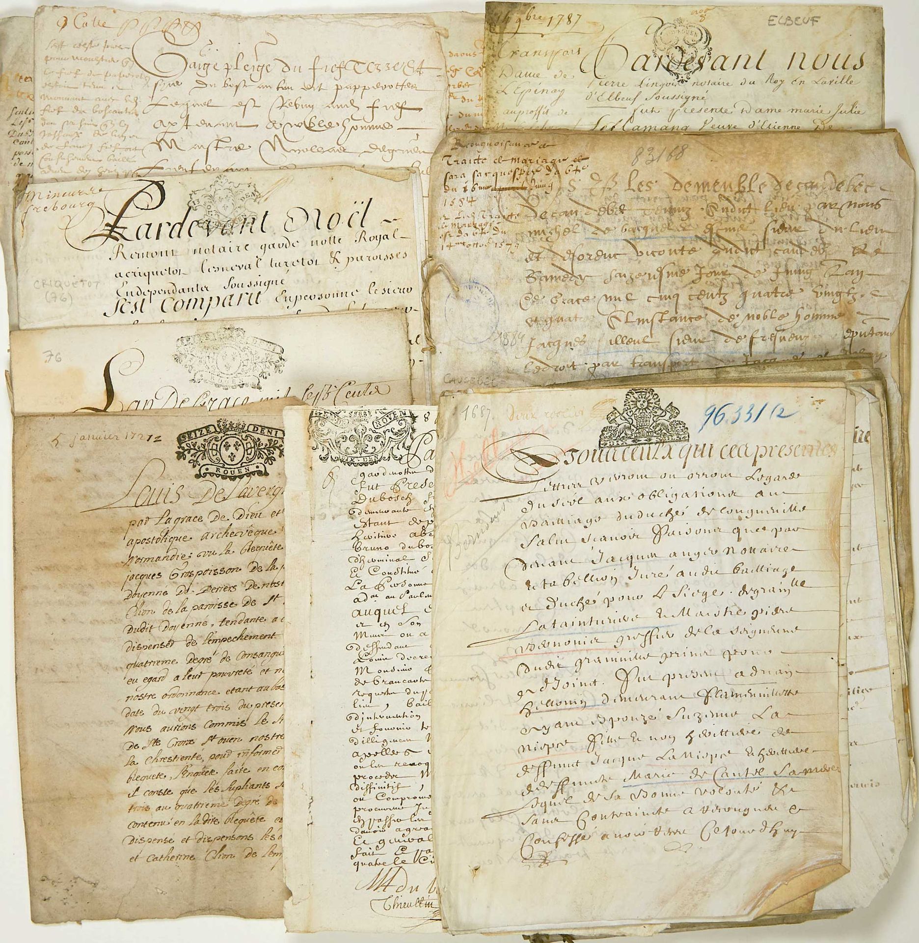 Null SEINE-MARITIME. 12 parchments and papers from 1584 to 1787, about different&hellip;