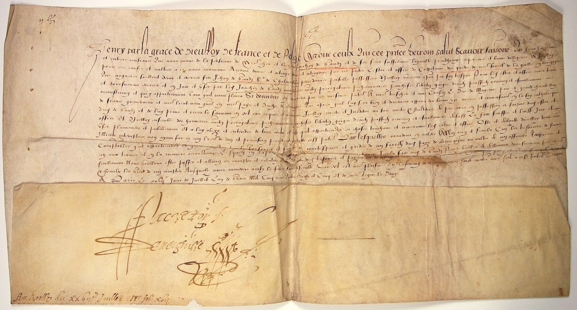 Null BORGOÑA. 1585. Pergamino firmado, en nombre y con membrete de HENRY III Rey&hellip;