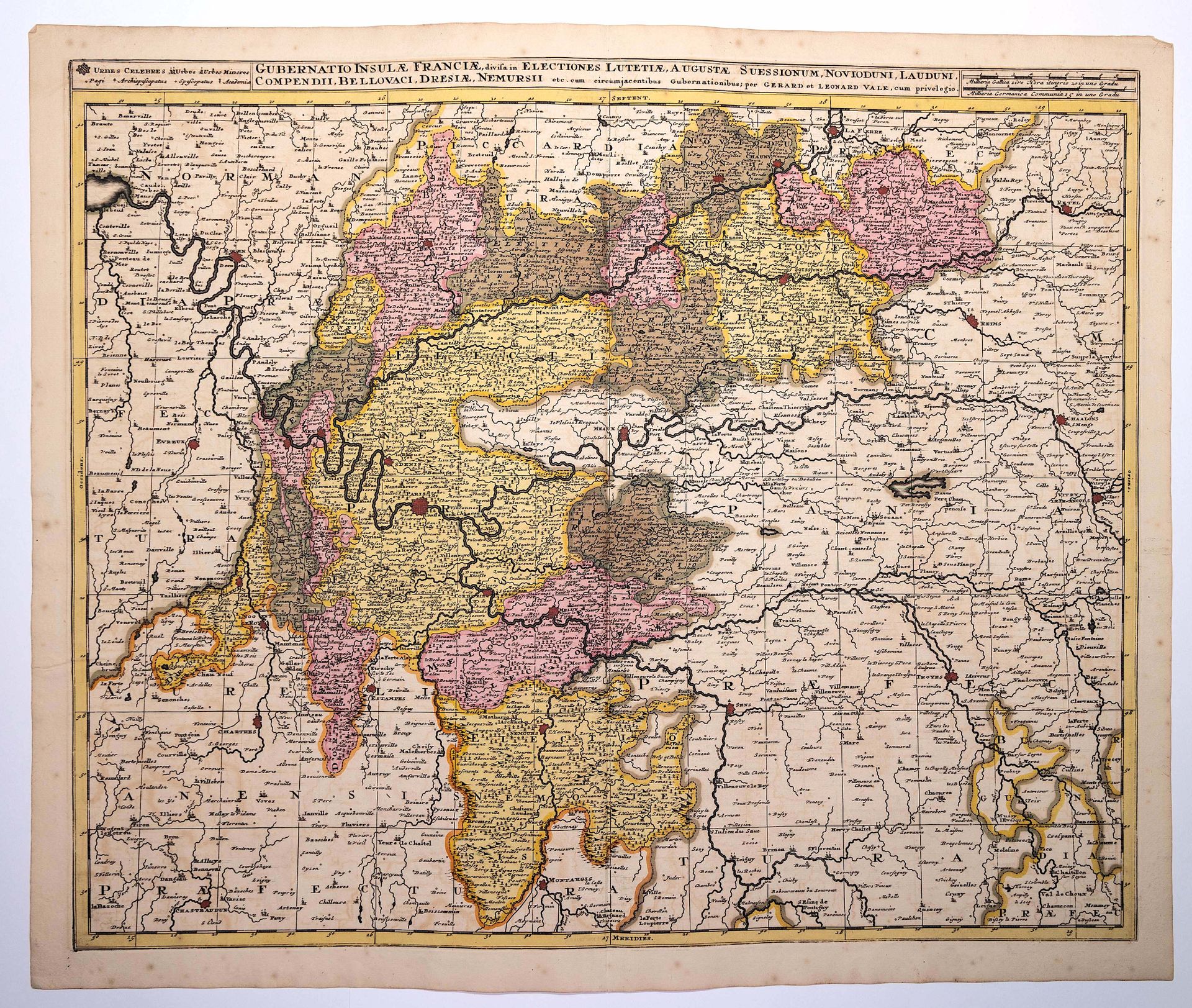 Null 十七世纪地图：法国地图，分为巴黎、梅隆、尼穆尔、圣丹尼斯、德勒、科贝尔、凡尔赛-博韦、克雷皮、苏瓦松、拉昂等选举。Gérard和Léonard VAL&hellip;