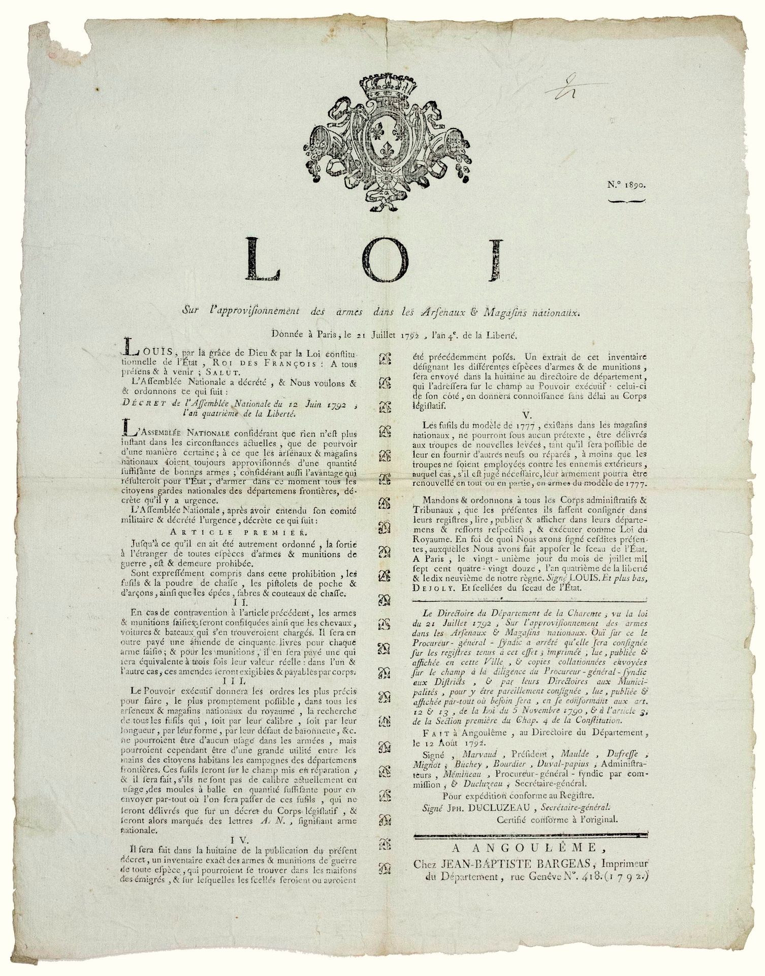 Null CHARENTE. 1792. INVESTIGACIÓN DE LAS ARMAS NACIONALES). "LOI sur l'approvis&hellip;