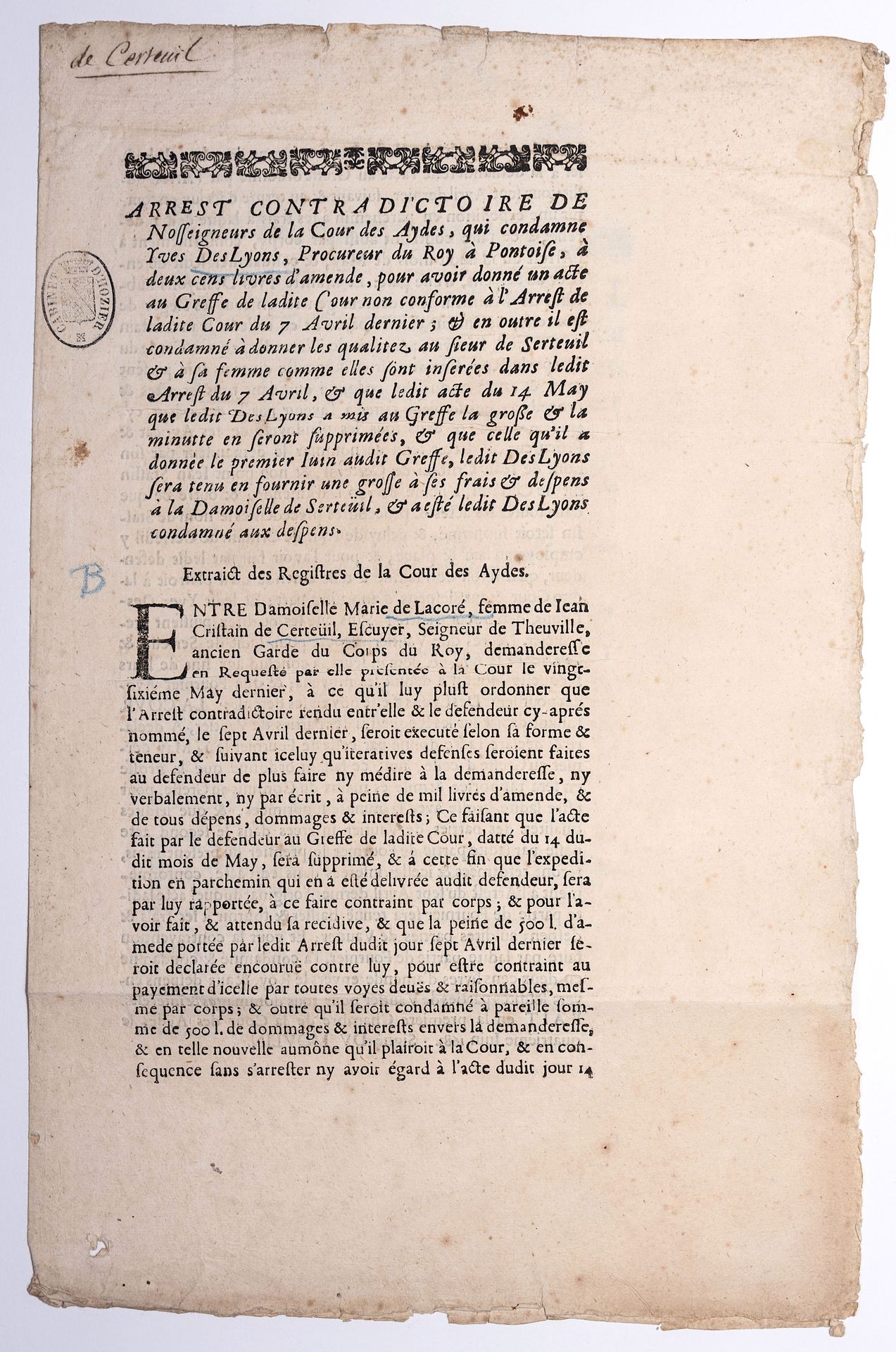 Null PONTOISE (95). Urteil unserer Herren des Cour des Aides vom 28. Mai 1683. D&hellip;