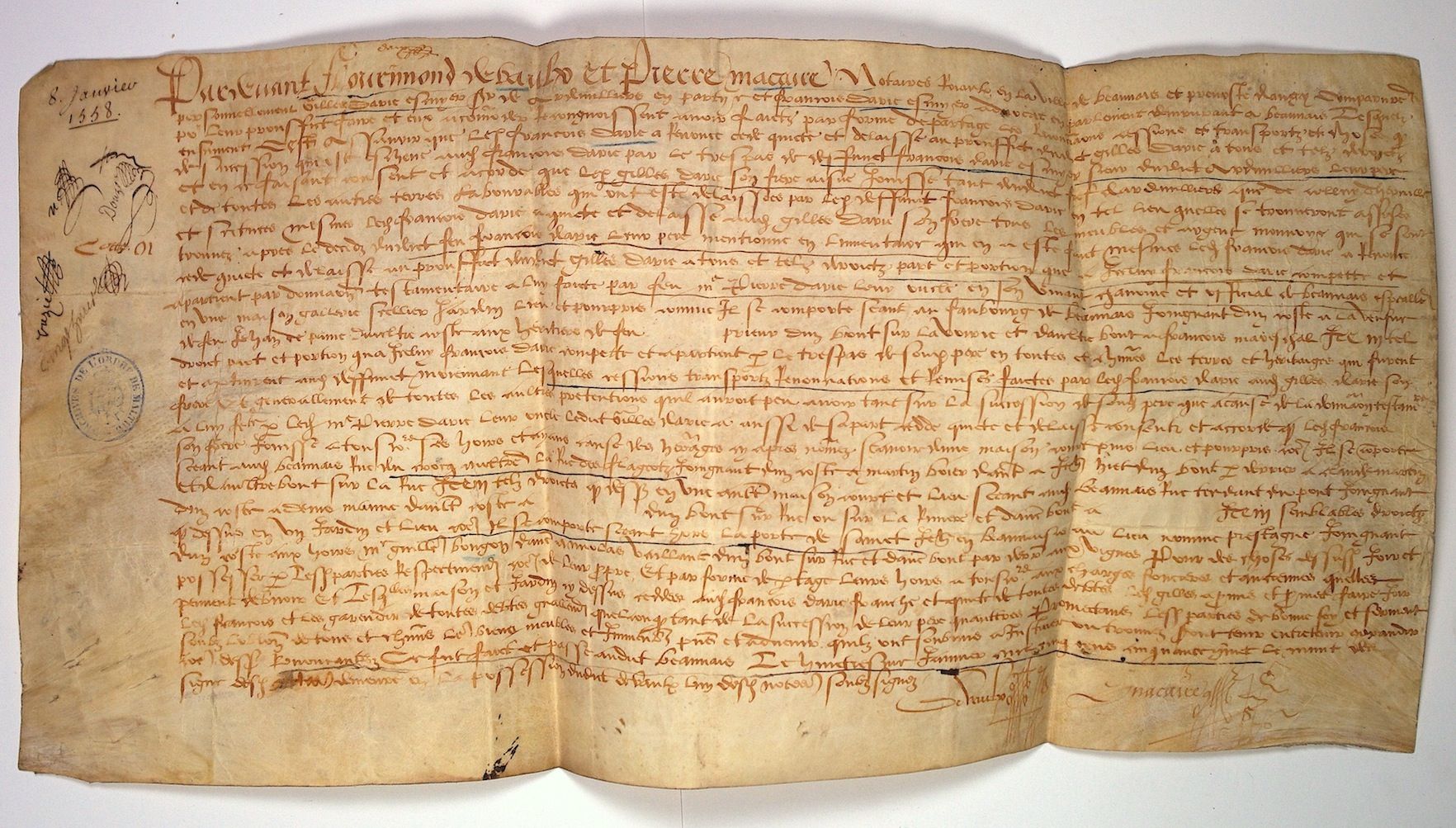 Null BEAUVAISIS。1558.吉勒和弗朗索瓦-达里于1558年1月8日达成的同意和协议。羊皮纸（25 x 48厘米）。马耳他骑士团的印章。"在Flo&hellip;