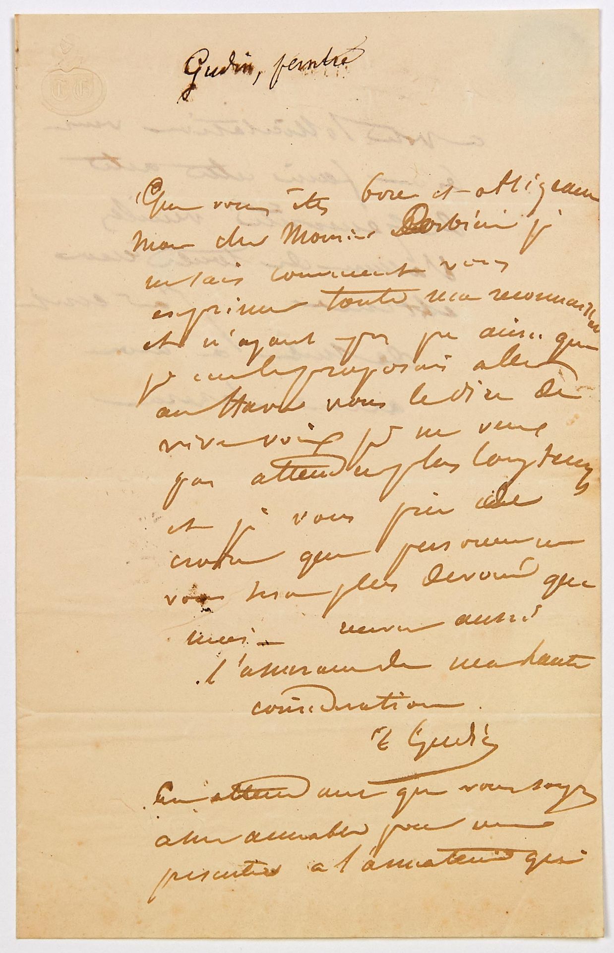 Null GUDIN (Théodore, Baron) Peintre de marines. (Paris 1802 – 1880) : Lettre Au&hellip;