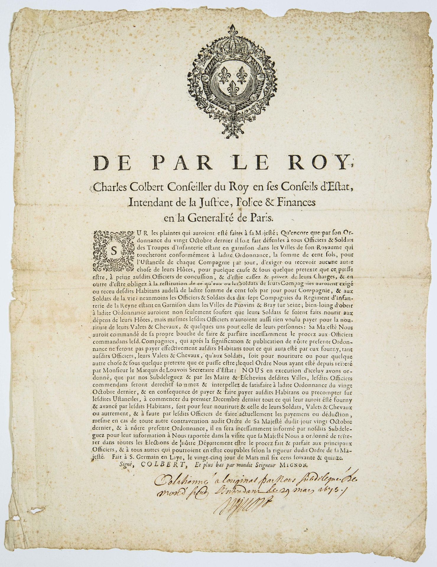 Null Charles COLBERT. 1675. Ordonnance, De Par le Roy Louis XIV, de Charles COLB&hellip;