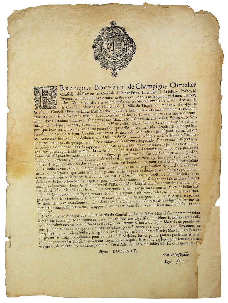 Null PROVENCE. 1646. TARASCON (13) ARLES (13). Ordonnance de François BOCHARD DE&hellip;
