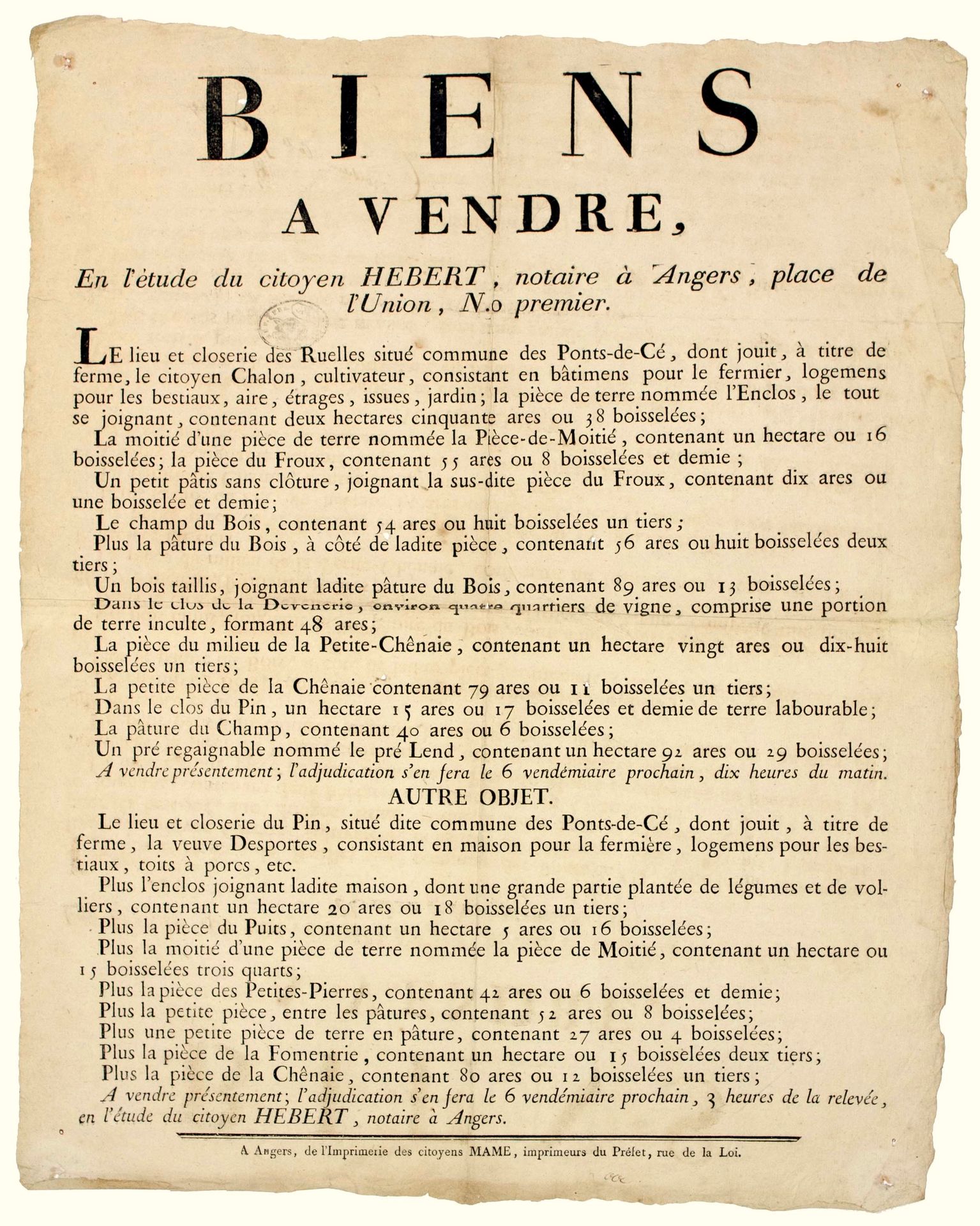 Null 安杰斯，马恩-卢瓦尔，1800年左右。在十九世纪初的海报上盖章："房产出售，在昂热公证处公民HEBERT的书房，Place de l'UNION，N°&hellip;