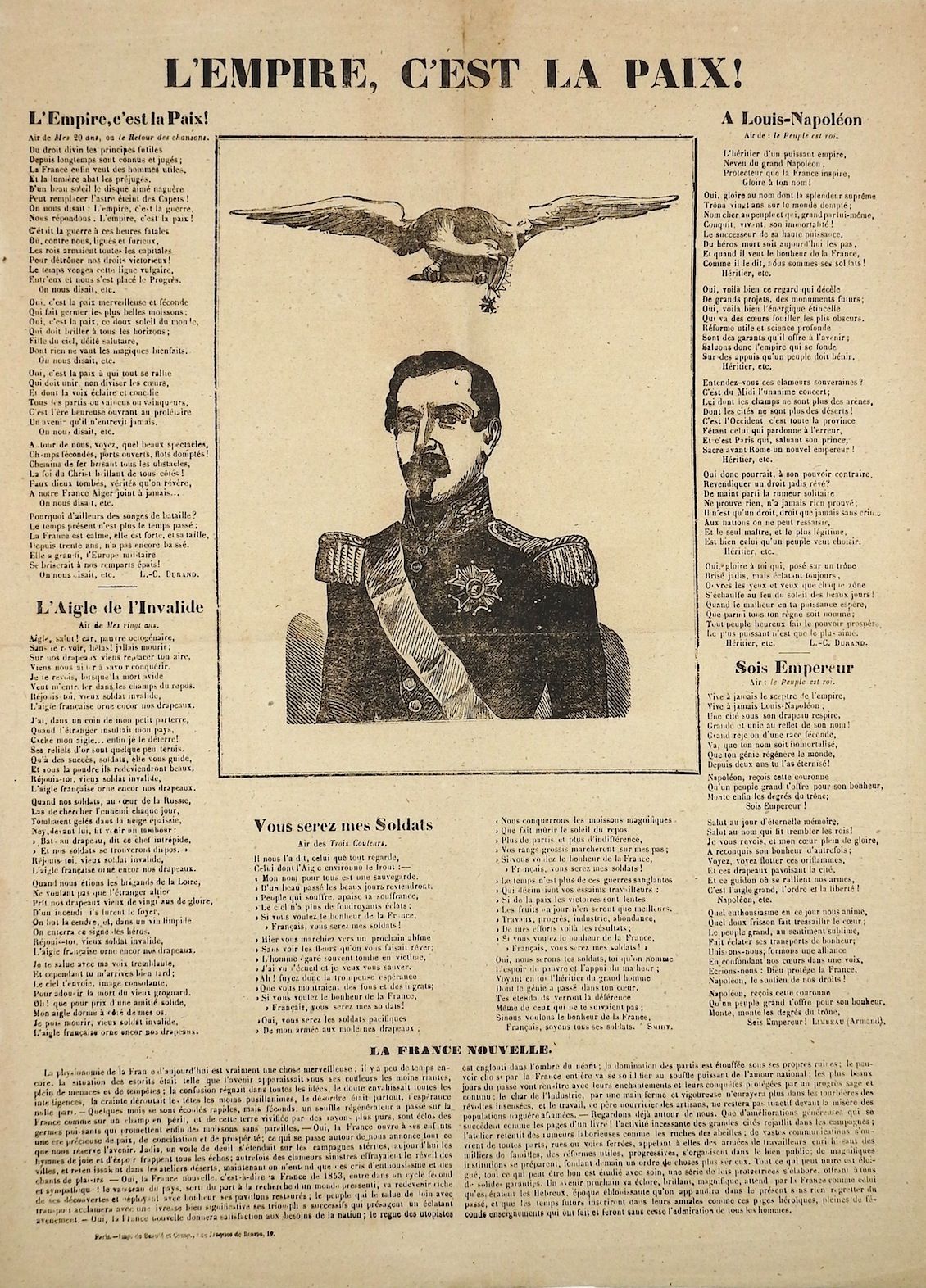 Null 拿破仑三世。"帝国就是和平。(1853年) - 杜兰和阿尔芒的歌曲标语牌，上面有纳波利昂三世的半身像，标题是带皇冠的老鹰。"L'Empire, c'e&hellip;