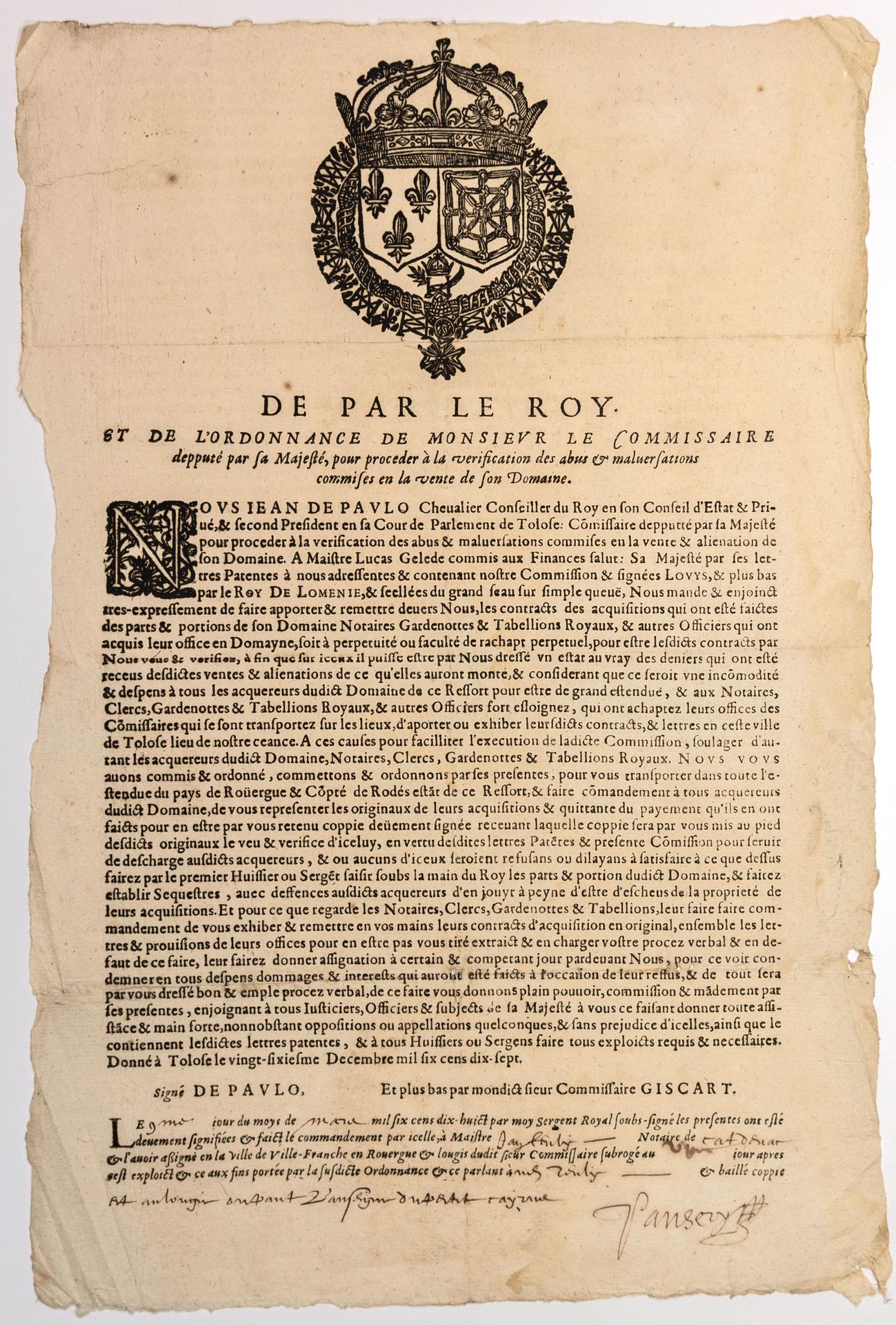 Null ROUERGUE. 1617. AVEYRON. "From the ROY" (LOUIS XIII), Order of Jean DE PAUL&hellip;