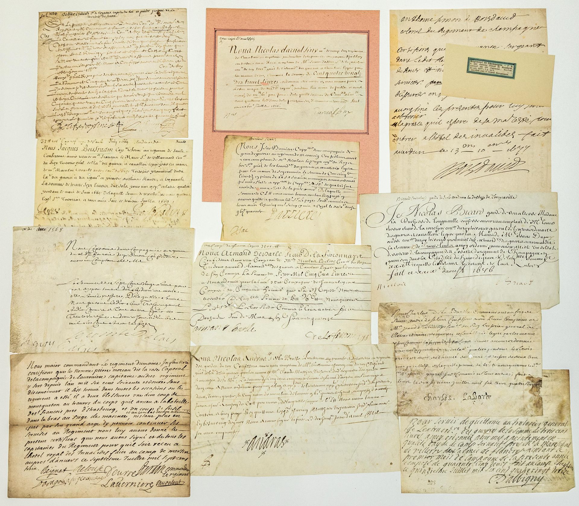 Null REGIMENTS OF LOUIS XIV. 12 Quittances or certificates, in-8°, on vellum or &hellip;