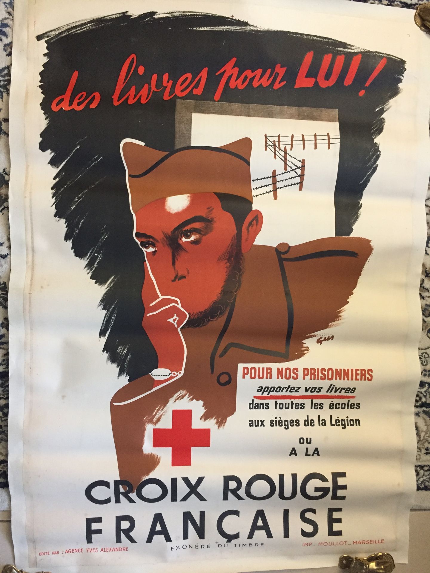 Null 第39/45号战争--红十字会--给他的书!为我们的囚犯把书送到所有的学校，送到军团总部或法国红十字会。大型海报，由Gus绘制，帆布，119 x 80&hellip;