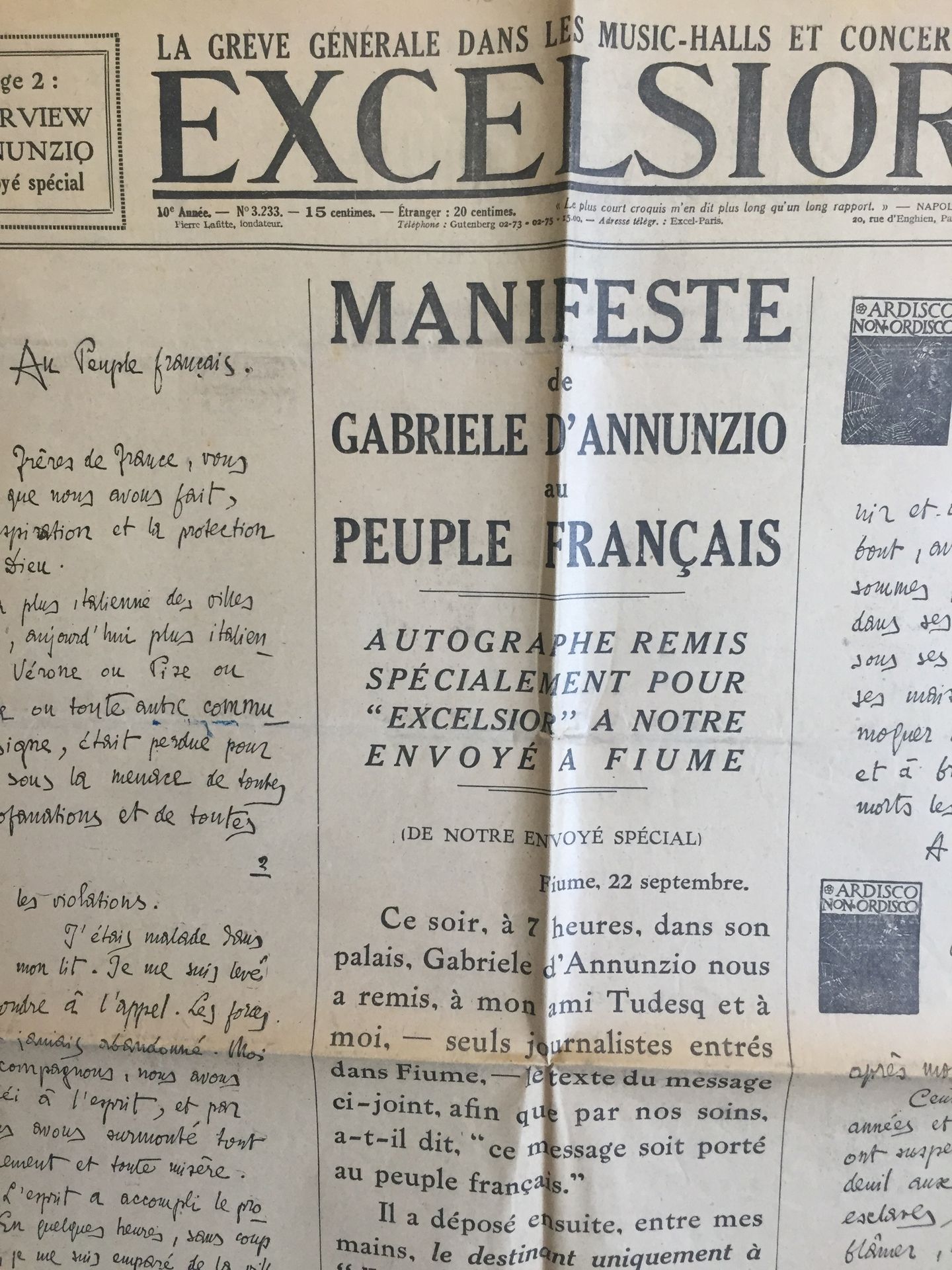 Null 法西斯主义--阿农齐奥（Gabriele d'）：致法国人民的宣言。Exelsior，1919年9月27日。非常罕见的《Exelsior》特刊，专门刊&hellip;