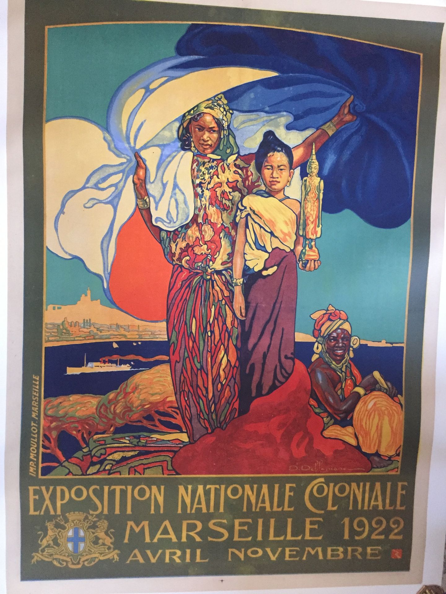 Null 马赛国家殖民地展览 1922年：大型彩色海报，署名David Dellepiane，帆布覆盖，尺寸107 x 77厘米。由Mourlot印刷。海报底部&hellip;