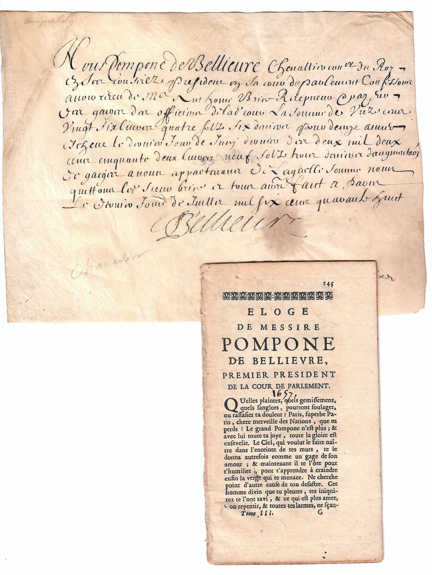 Null 庞庞内二世-德-贝利弗尔，巴黎议会第一任主席（1606-1657）。在他的手写标题上签有 "Pomponne de BELLIEVRE Chevali&hellip;