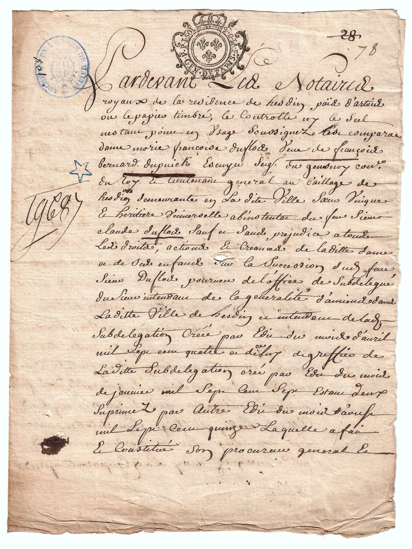 Null ARTOIS. 1723. HESDIN (PAS-DE-CALAIS). Kopie einer Urkunde der königlichen N&hellip;