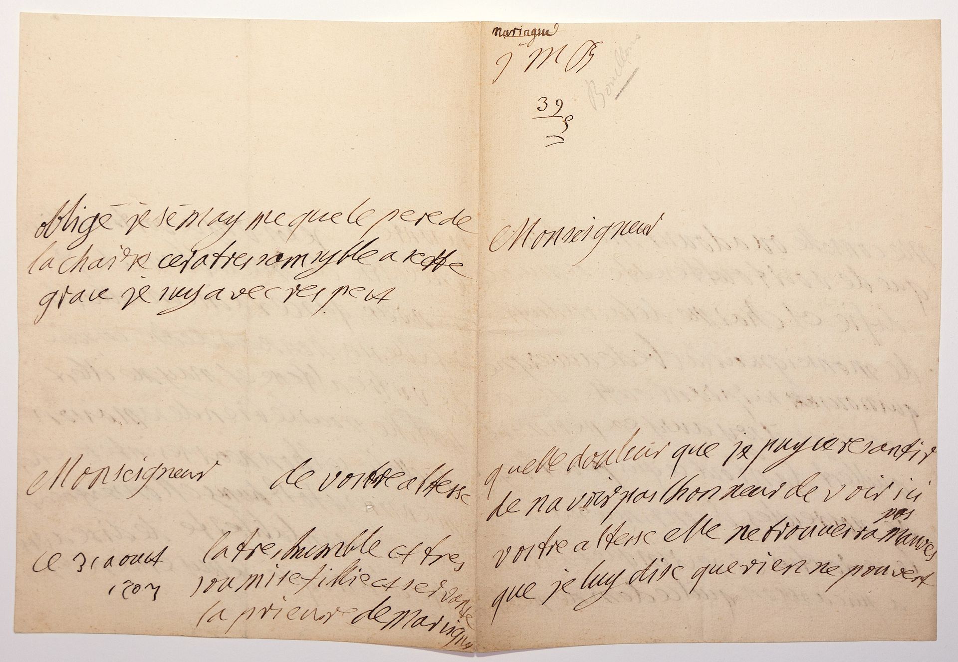 Null PUY-DE-DÔME. 1707. Lettre autographe signée, La Prieure de MARINGUES, (Couv&hellip;