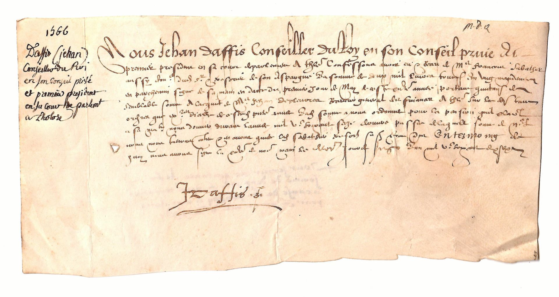 Null 达菲斯(Jehan)国王顾问，托鲁斯(Tholose)议会主席。签署在牛皮纸上的文件，1566年6月18日 - 1p in-8°长方形。收到了两千利弗&hellip;