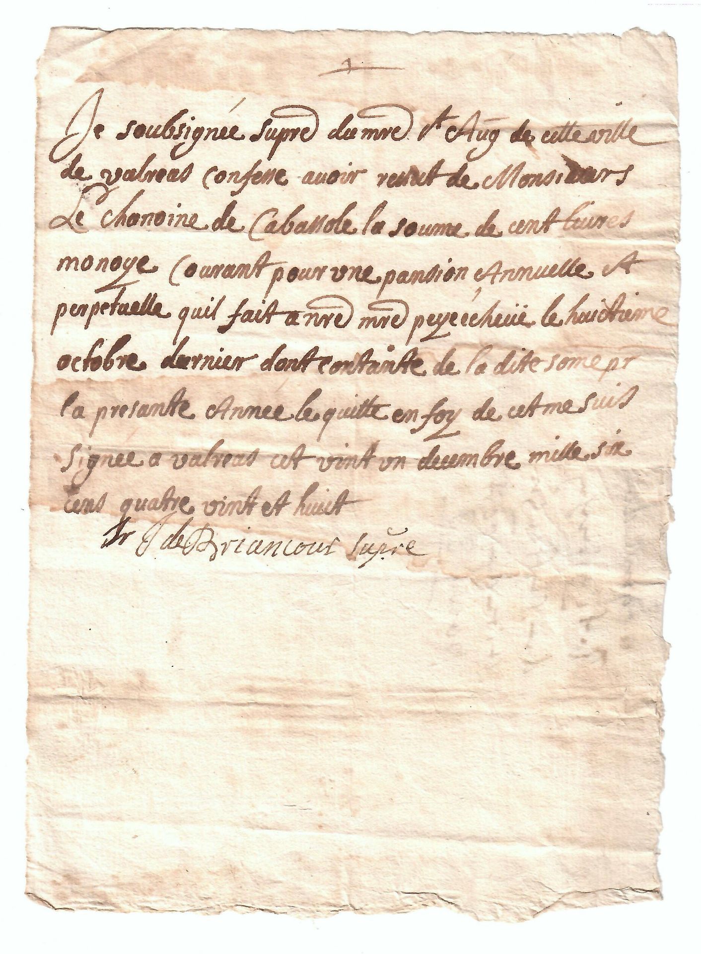 Null VAUCLUSE.签名：J. De BRIANCOUR修女长，VALREAS的圣奥古斯丁修道院。1688年12月21日写于瓦莱亚斯。为卡巴索莱教士提供&hellip;