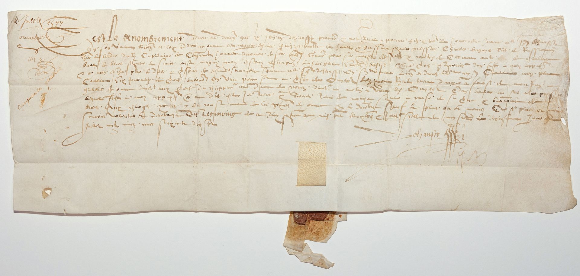 Null SOMME. LEHEN VON OMIÉCOURT (80). Urkunde von 1577. Pergament (10 x 36 cm). &hellip;
