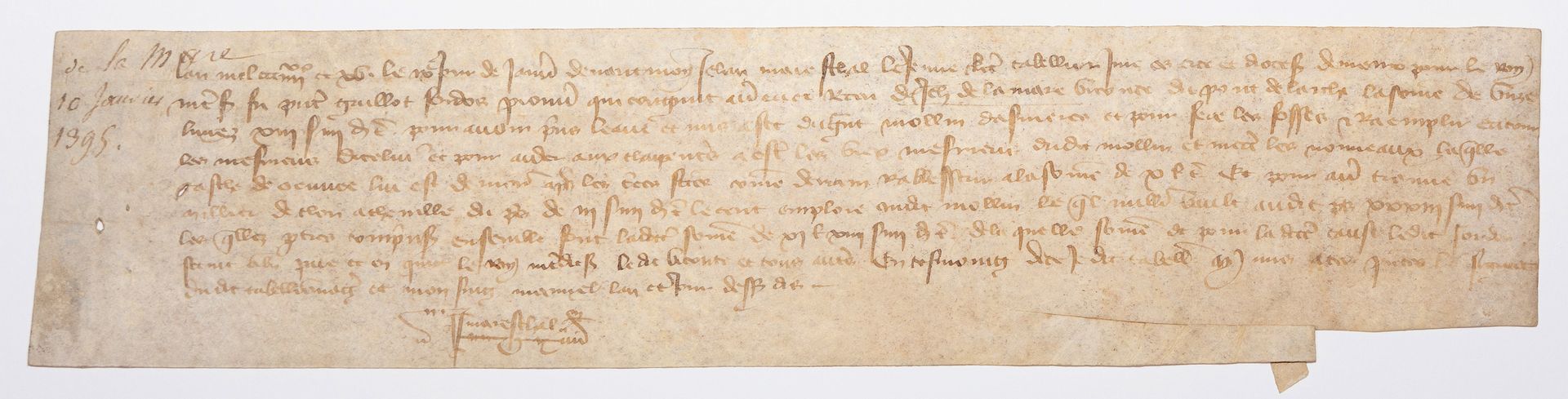 Null EURE.1395.1395年1月9日，书记员J.MARÉCHAL在ÉVREUX的宣誓书上签署了牛皮纸宪章（7 x 31厘米）。他证明他向先锋Guil&hellip;