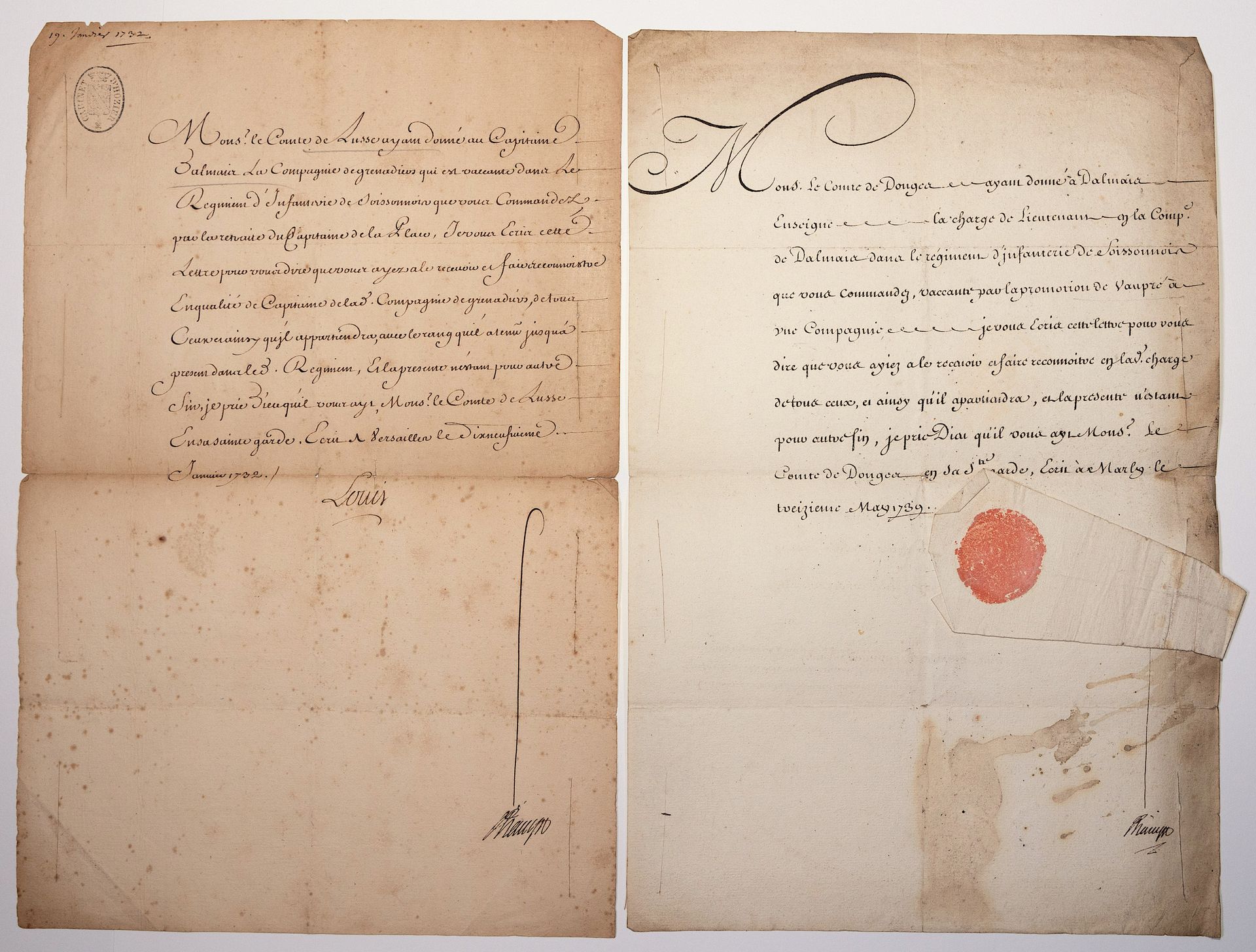Null Soissonnais团。4张达尔迈斯上尉的军事证书（霍齐尔内阁的印章）： 1708年2月26日，达尔马斯上尉（sieur DALMAIS）被授予索桑&hellip;