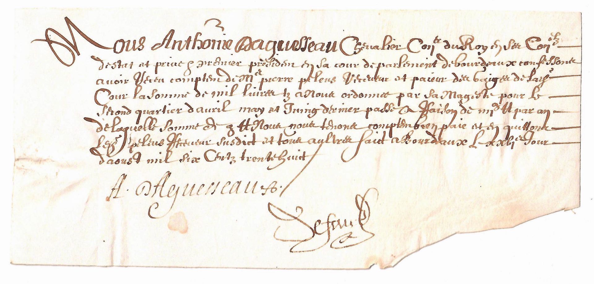 Null GIRONDE. 1638. Pièce signée Antoine D’AGUESSEAU, Grand Père du Chancelier, &hellip;