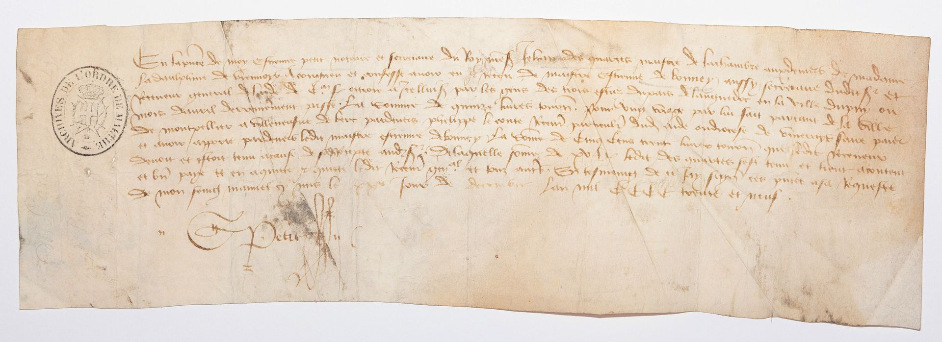 Null 郎咸平。1439年的宪章。签名：PETIT 公证人和国王秘书。让-德-夸尔斯（Jean des QUARES）从艾蒂安-德-邦尼（Etienne de&hellip;