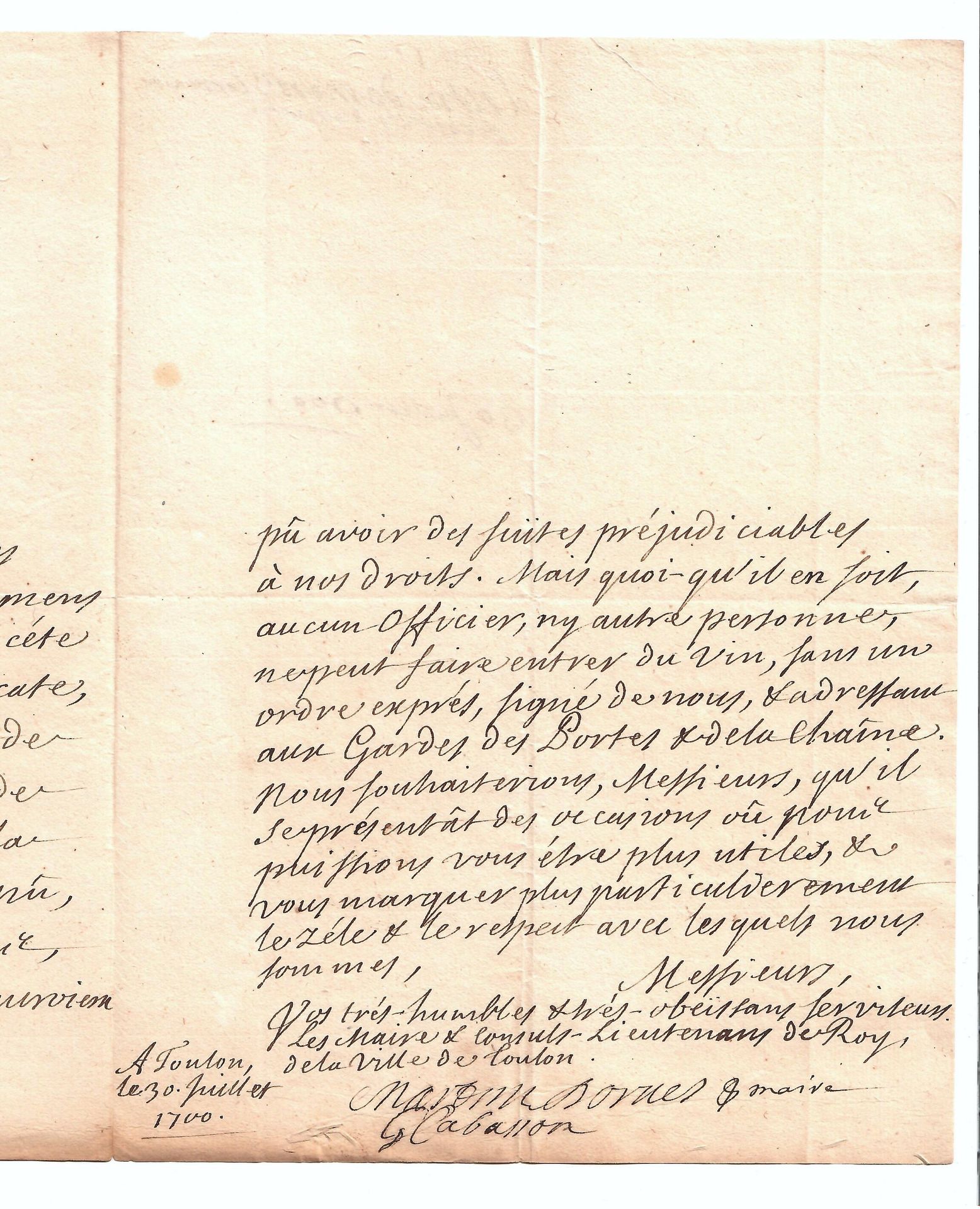 Null TOULON (83) 3 Juillet 1700. PRIVILÈGE DES VINS - Lettre signée de Messieurs&hellip;