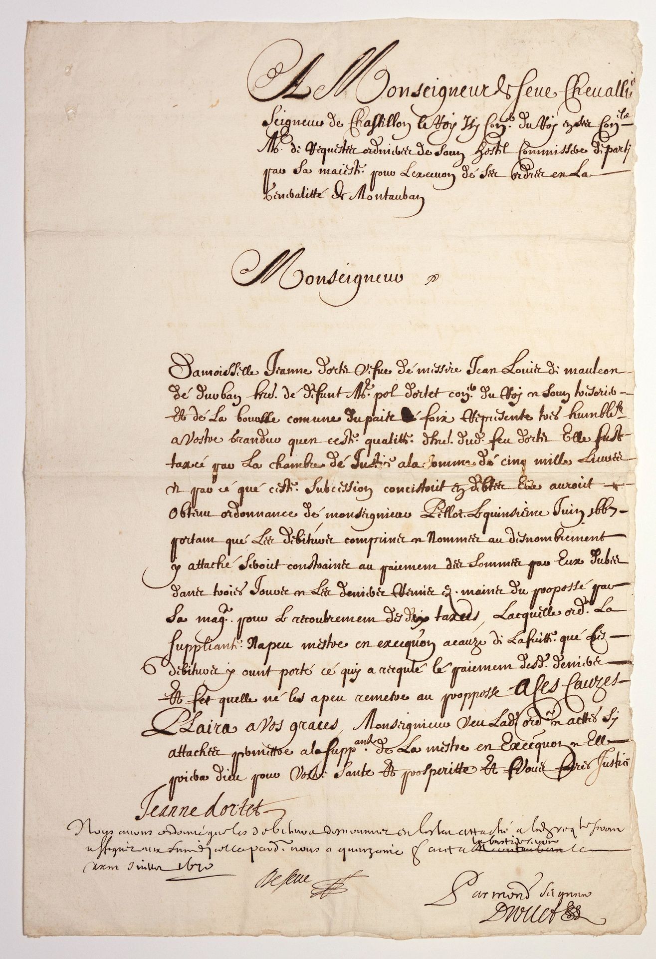 Null GÉNÉRALITÉ DE MONTAUBAN. 1670. Lettre signée “Jeanne d’ORTET” à Monseigneur&hellip;