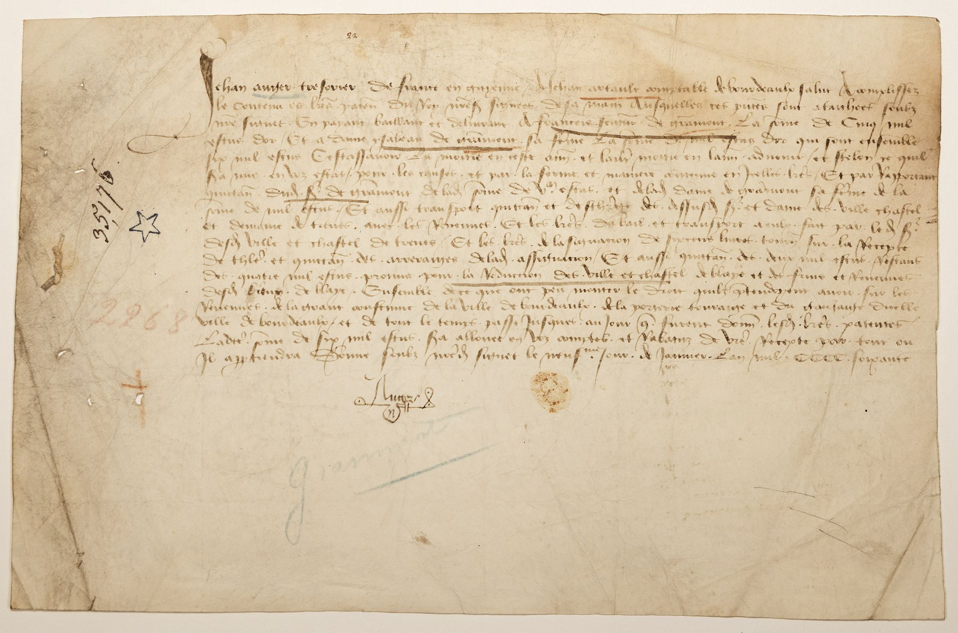 Null GUYENNE.吉隆德。弗朗索瓦-德-格拉蒙于1460年卖掉了布拉伊的封地。 文件签署了 "Jehan AUGER法国在吉延的财务主管，致Jehan &hellip;